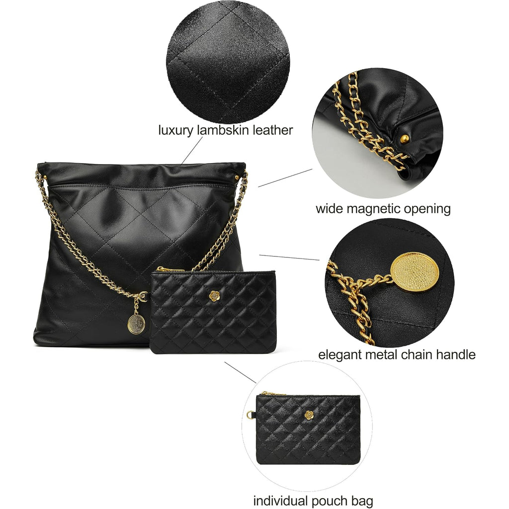 Doris&Jacky Quilted Leather Tote Bag For Women, Soft Lambskin Designer Shoulder Hobo Chain Purse With 1 Small Clutch