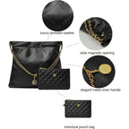 Doris&Jacky Quilted Leather Tote Bag For Women, Soft Lambskin Designer Shoulder Hobo Chain Purse With 1 Small Clutch