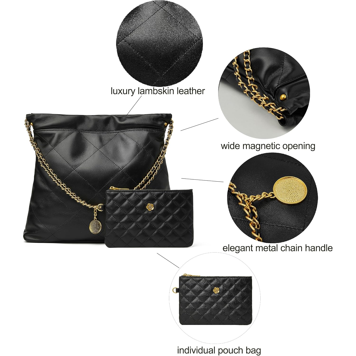 Doris&Jacky Quilted Leather Tote Bag For Women, Soft Lambskin Designer Shoulder Hobo Chain Purse With 1 Small Clutch