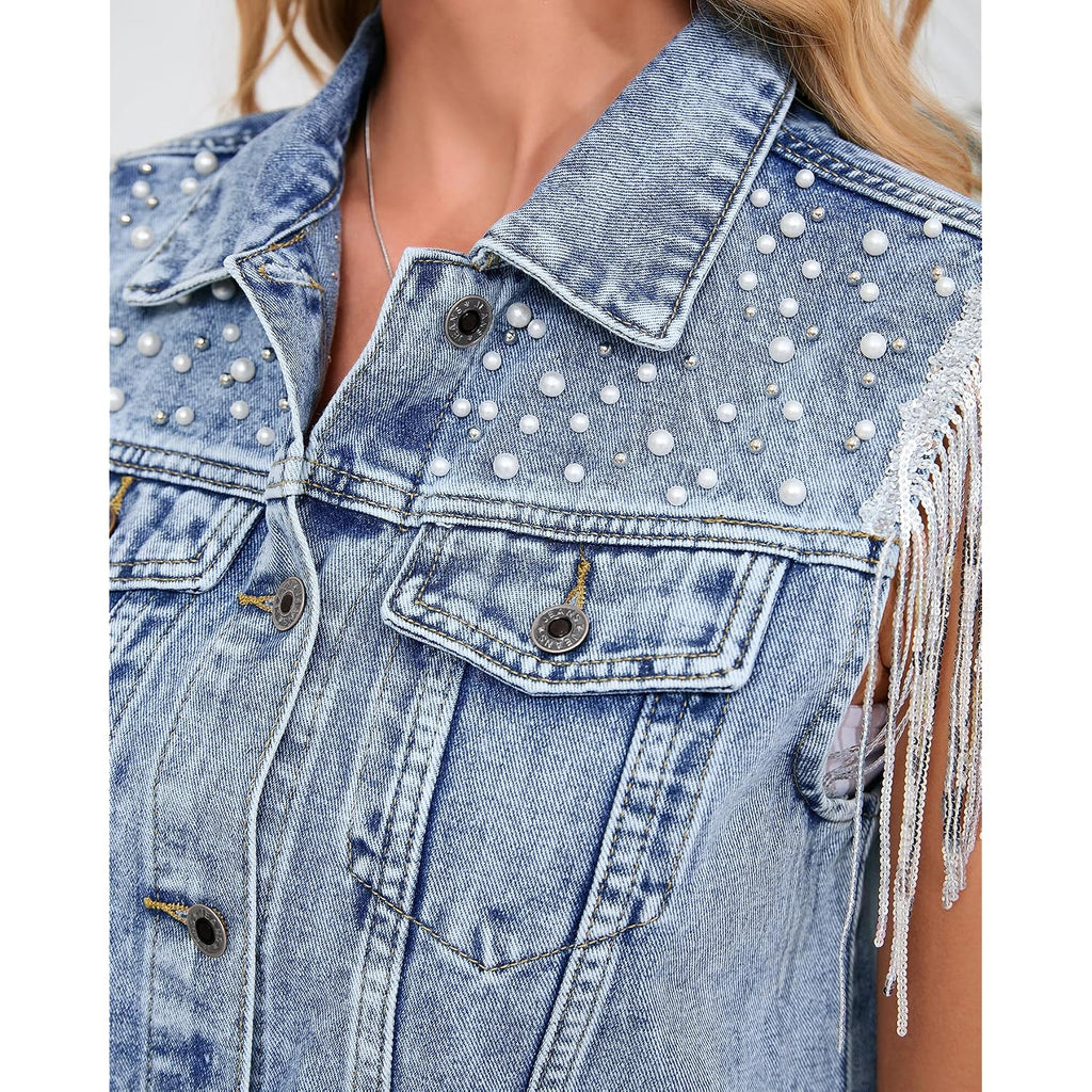 Women'S Pearls Beading Denim Vest Sleeveless Sequin Fringe Tassel Western Cowgirl Jean Vest