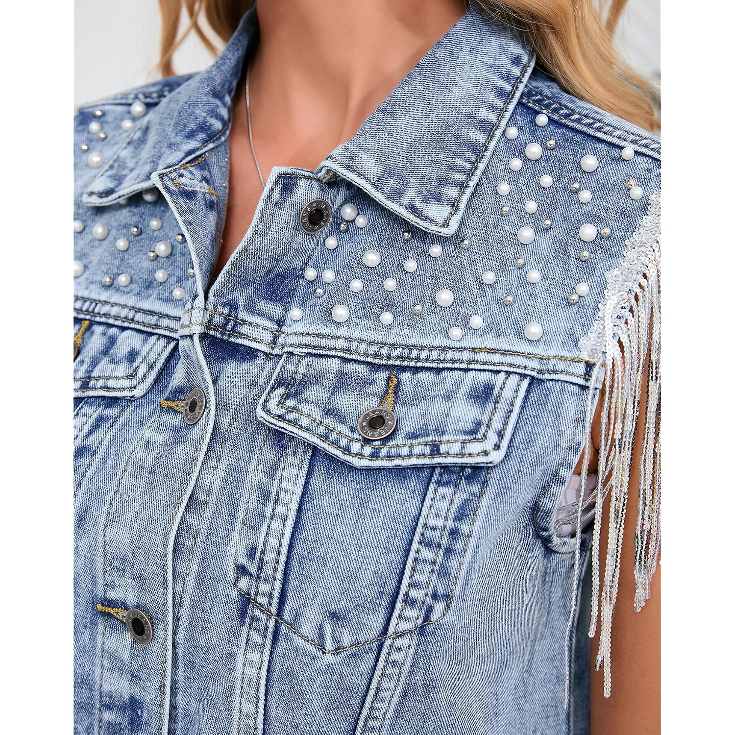 Women'S Pearls Beading Denim Vest Sleeveless Sequin Fringe Tassel Western Cowgirl Jean Vest