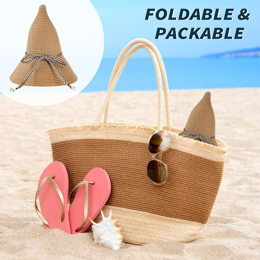 Womens Beach Sun Straw Hat - UV Protection UPF 50+ Sun Hats for Women with Wide Brim, Straw Beach Hat for Women