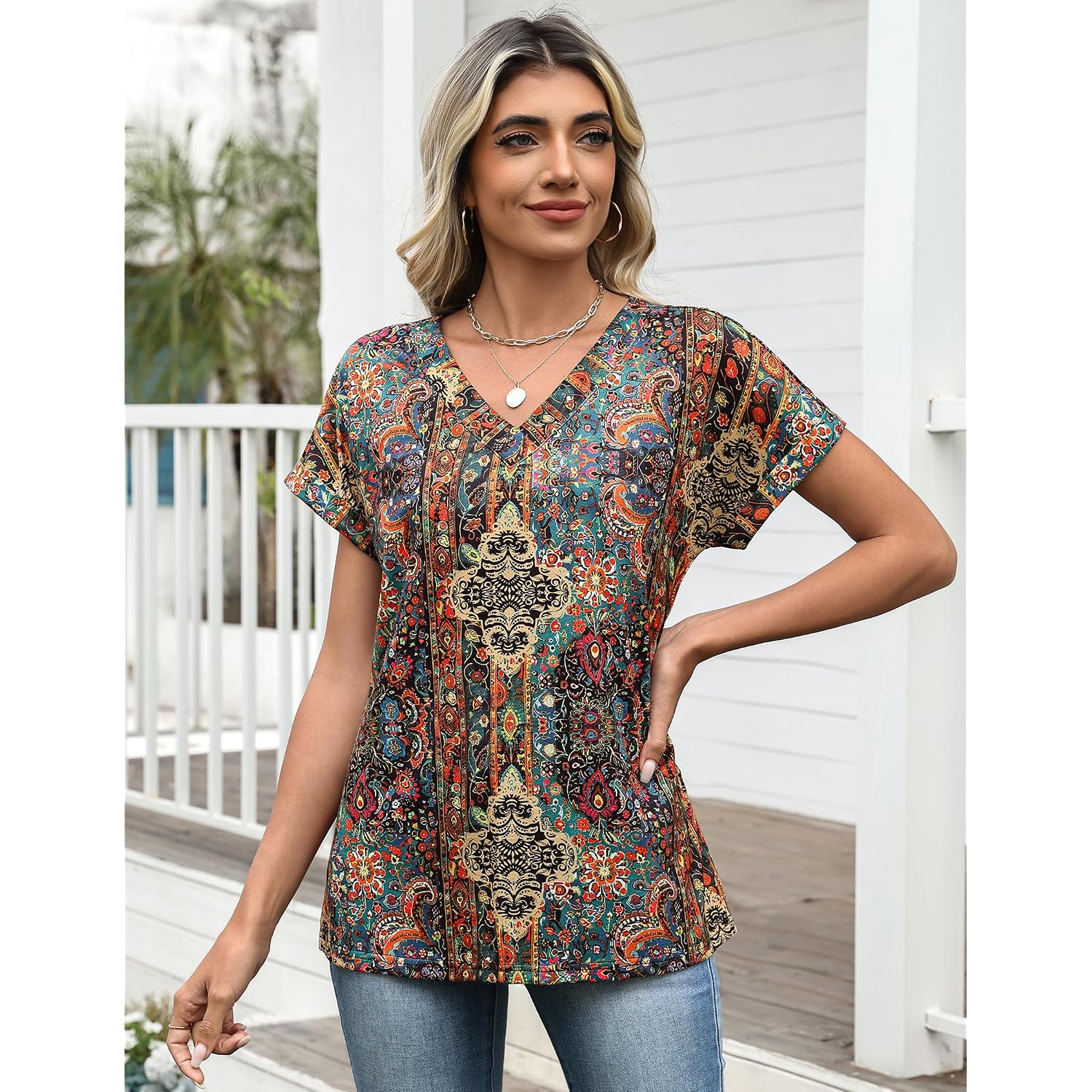 Zeagoo Womens Summer Tops Rolled Short Sleeve V Neck Shirts Casual Dressy Business Work Blouses Outfits Boho-mz721