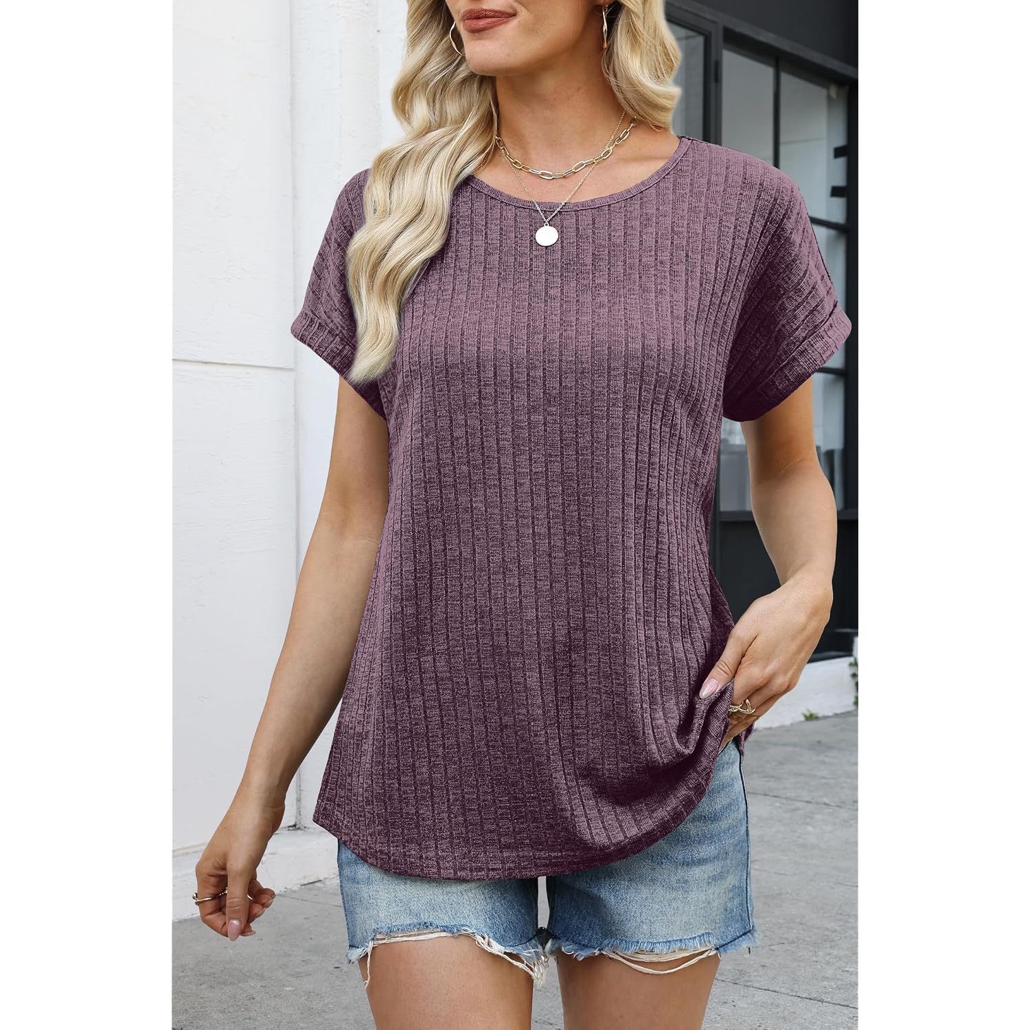 Wiholl Women Lightweight Textured Shirts Casual Short Sleeve Tunic Tops Loose Fit 2026 Summer Spring Blouses Plain/Print