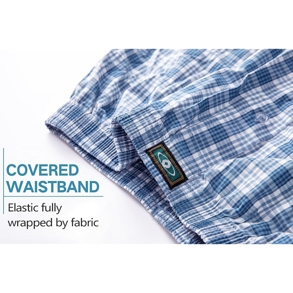 Mens Woven Boxer Shorts 100% Cotton With Covered Waistband Comfortable Loose Fit, Classic Full Cut Plaid Boxers Pack