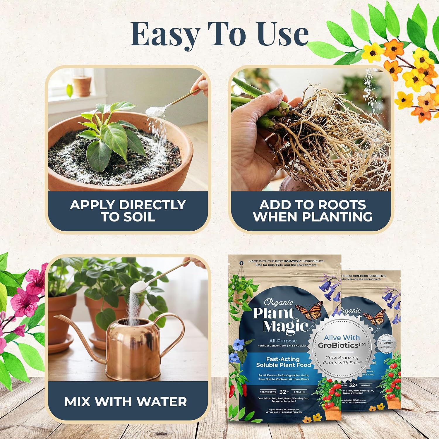 Organic Plant Magic Fertilizer & Plant Food For House Plants & Garden 1/2Lb | Makes 32+ Gallons Of Organic Fertilizer, Plant Food For Vegetables Flowers Herbs Trees Outdoor & Indoor House Plants & Garden
