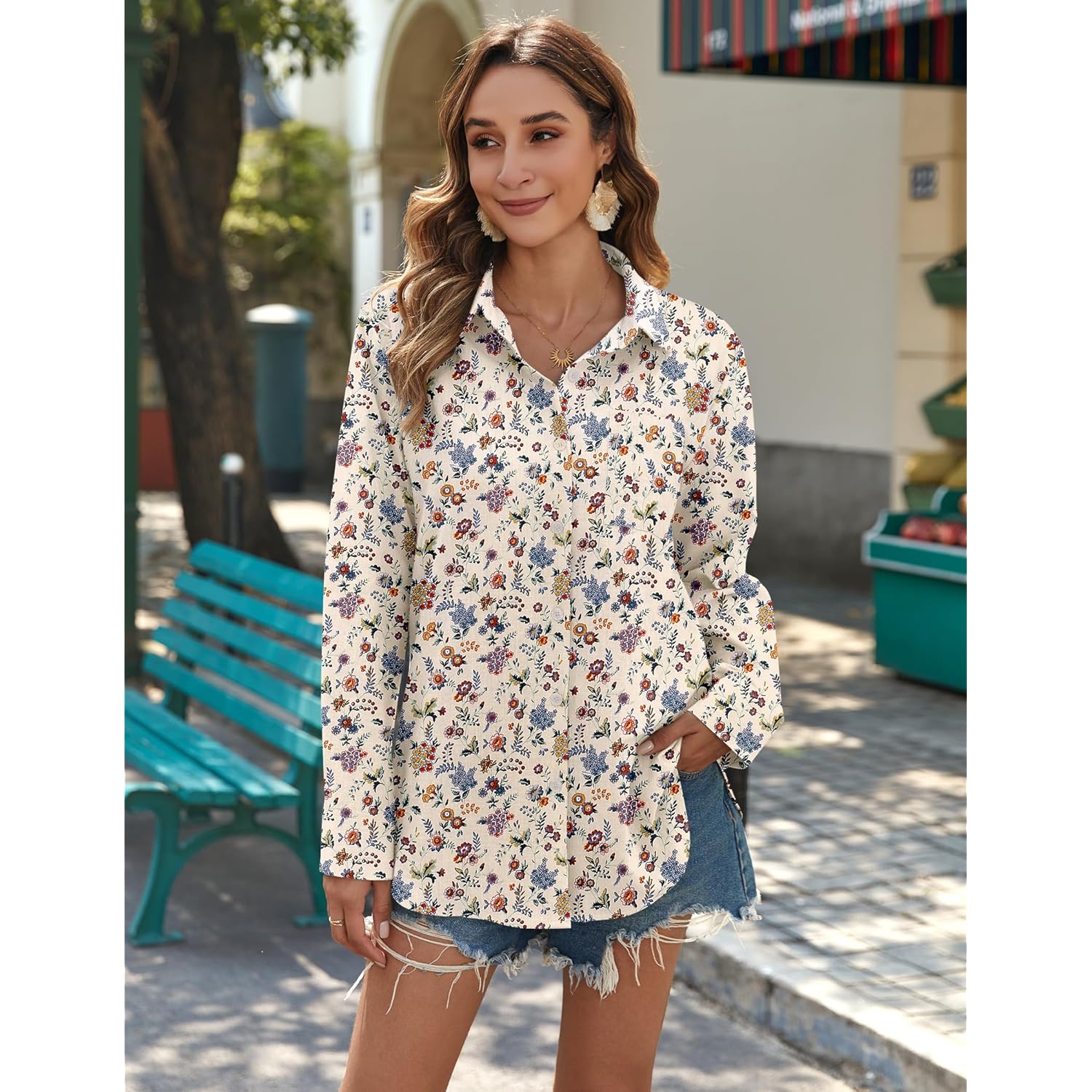 Womens Button Down Shirts Long Sleeve Cotton Gauze Tops Casual Collared Blouses Loose Fit