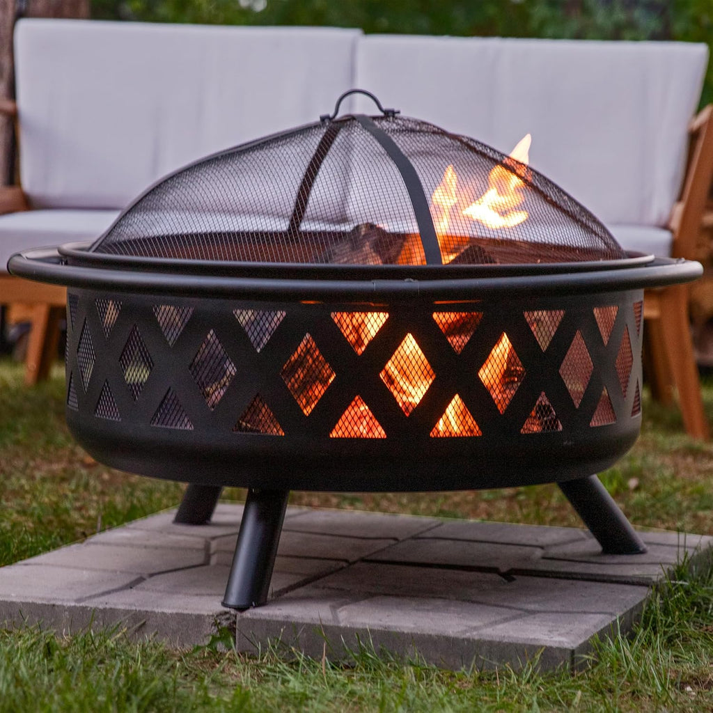 Sunnydaze Crossweave Large Outdoor Fire Pit, Wood Burning, Round, 36" | Black, Heavy Duty Steel Metal, Patio Fire Pit With Spark Screen, Poker, & Cover, Wood Firepit For Outside, Backyard, Or Deck