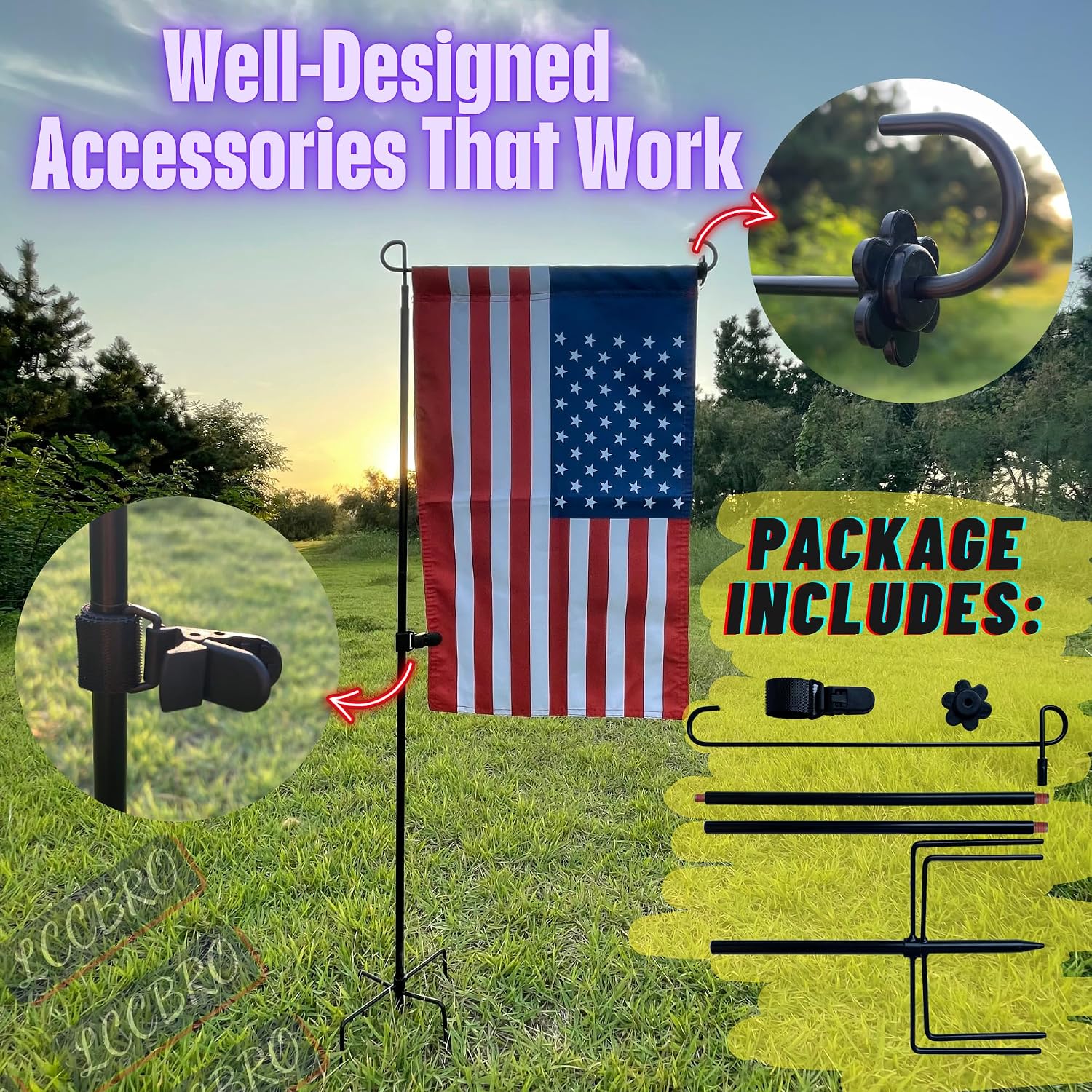 Lccbro Garden Flag Stand Holder Pole With 5 Prong Base For Outside Double Flag, More Stable Yard Flag Stand Weather Proof, For Small Garden Flags 12 X 18, Holds Flags Up To 13" Wide