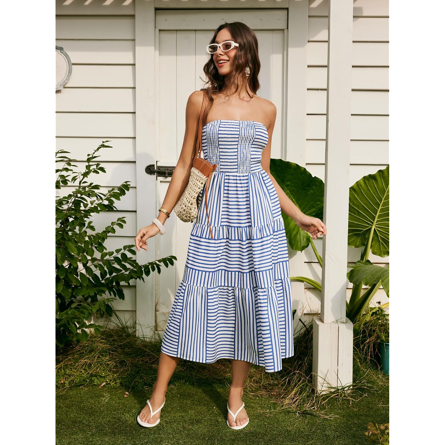 Cider Women'S Strapless Dress With Pockets Tube Striped Long Midi Dresses A Line Beach Vacation Casual Summer Outfits