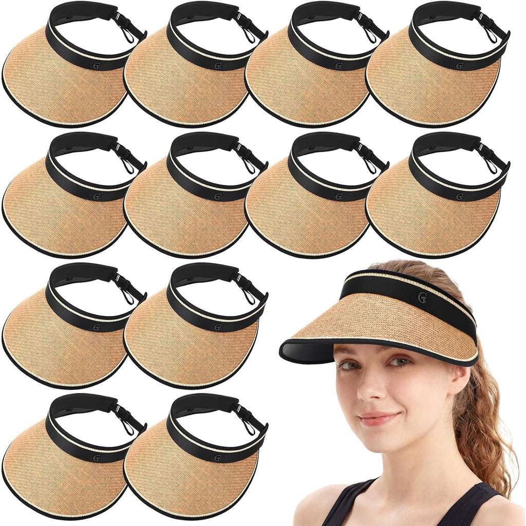 12 Pack Wide Brim Sun Visor Hats for Women UPF 50+ Foldable Straw Beach Hat UV Protection for Travel, Vacation
