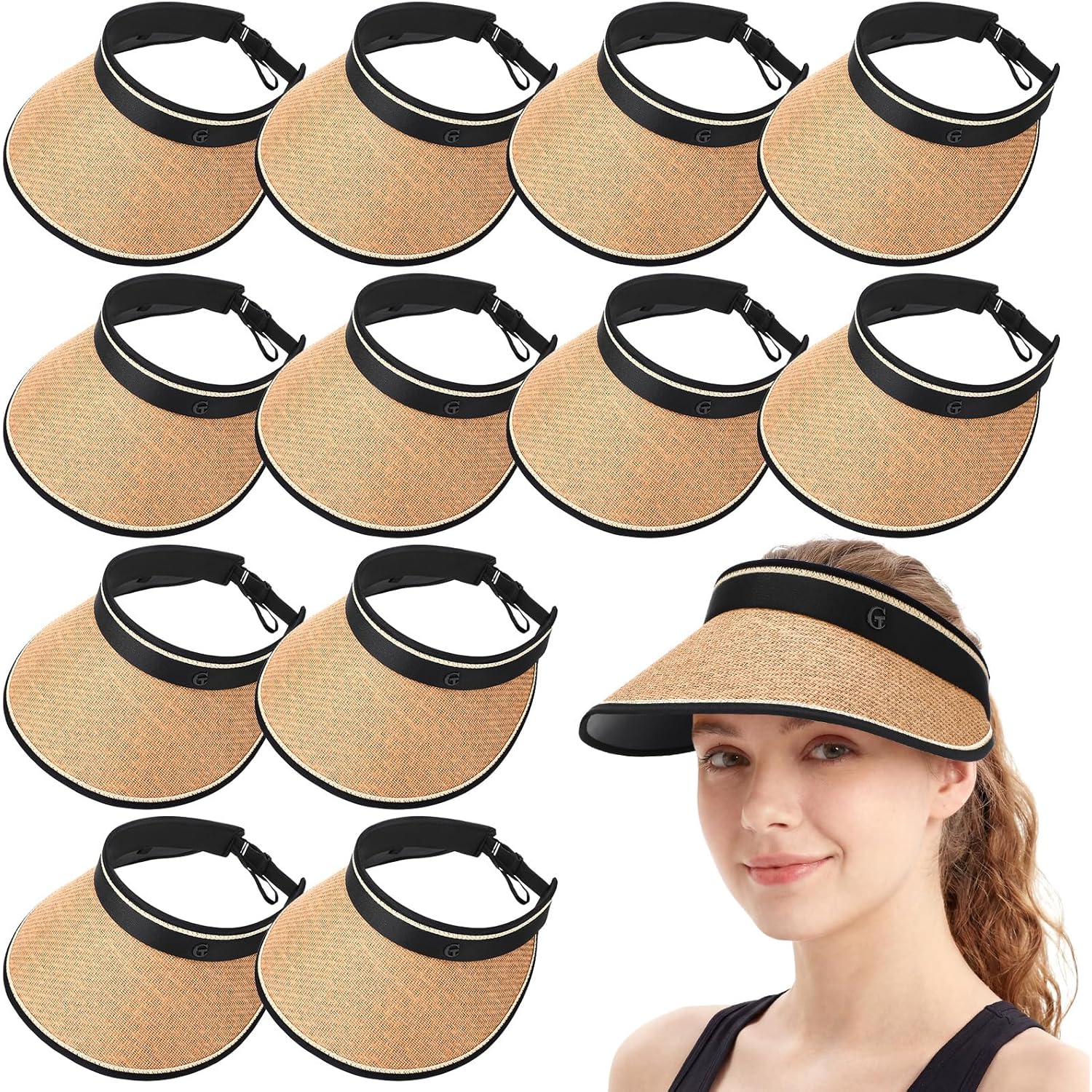 12 Pack Wide Brim Sun Visor Hats for Women UPF 50+ Foldable Straw Beach Hat UV Protection for Travel, Vacation