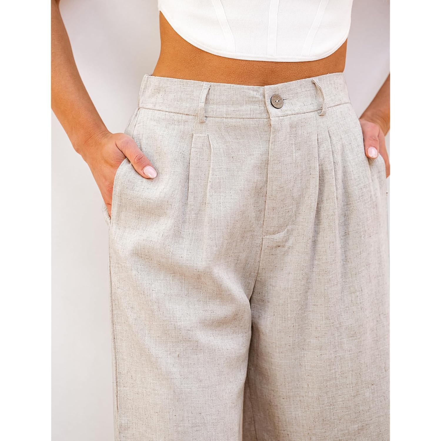 Bermuda Shorts for Women High Waisted Linen Dressy Casual Pleated Wide Leg Summer Shorts with Elastic Waist