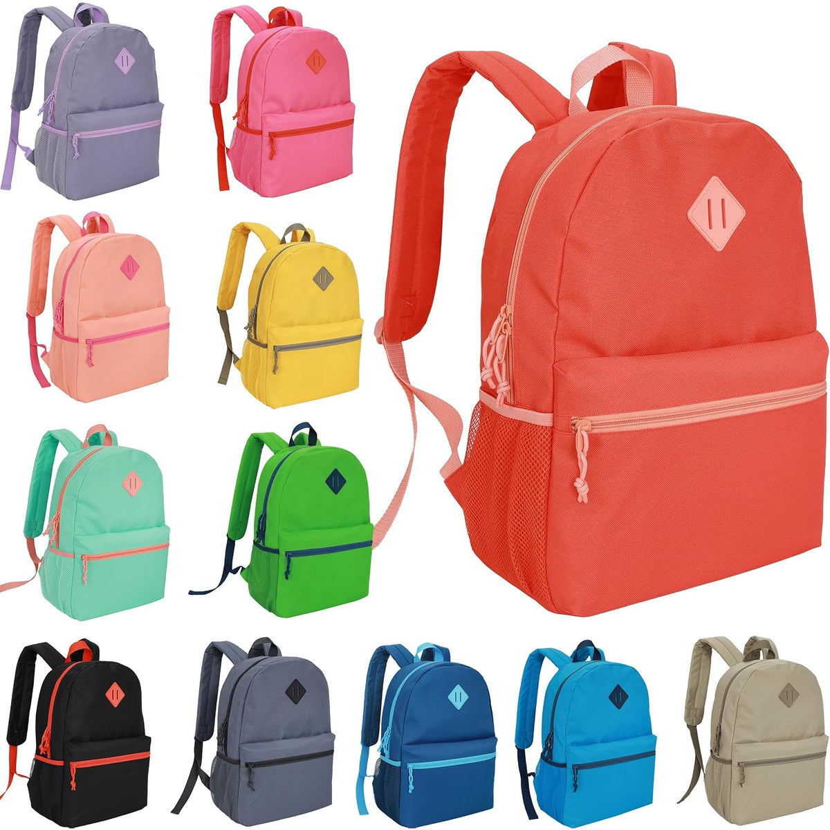 12-Pack 17" Bulk Backpacks For School, Assorted 12 Colors, Durable Bookbags For Students, School Drives, Donations, And Giveaways
