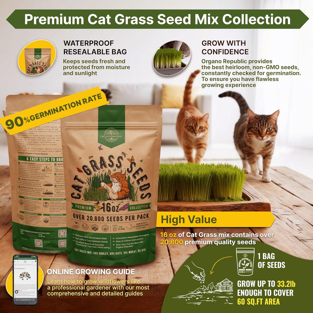 Cat Grass Seeds Mix - 20,800 Non-Gmo Heirloom Seeds For Cats & Pets, 16 Oz Pack For Growing Fresh Barley, Oat, Rye & Wheat Grass Seeds For Planting, Indoor Plants, Hairball Remedy