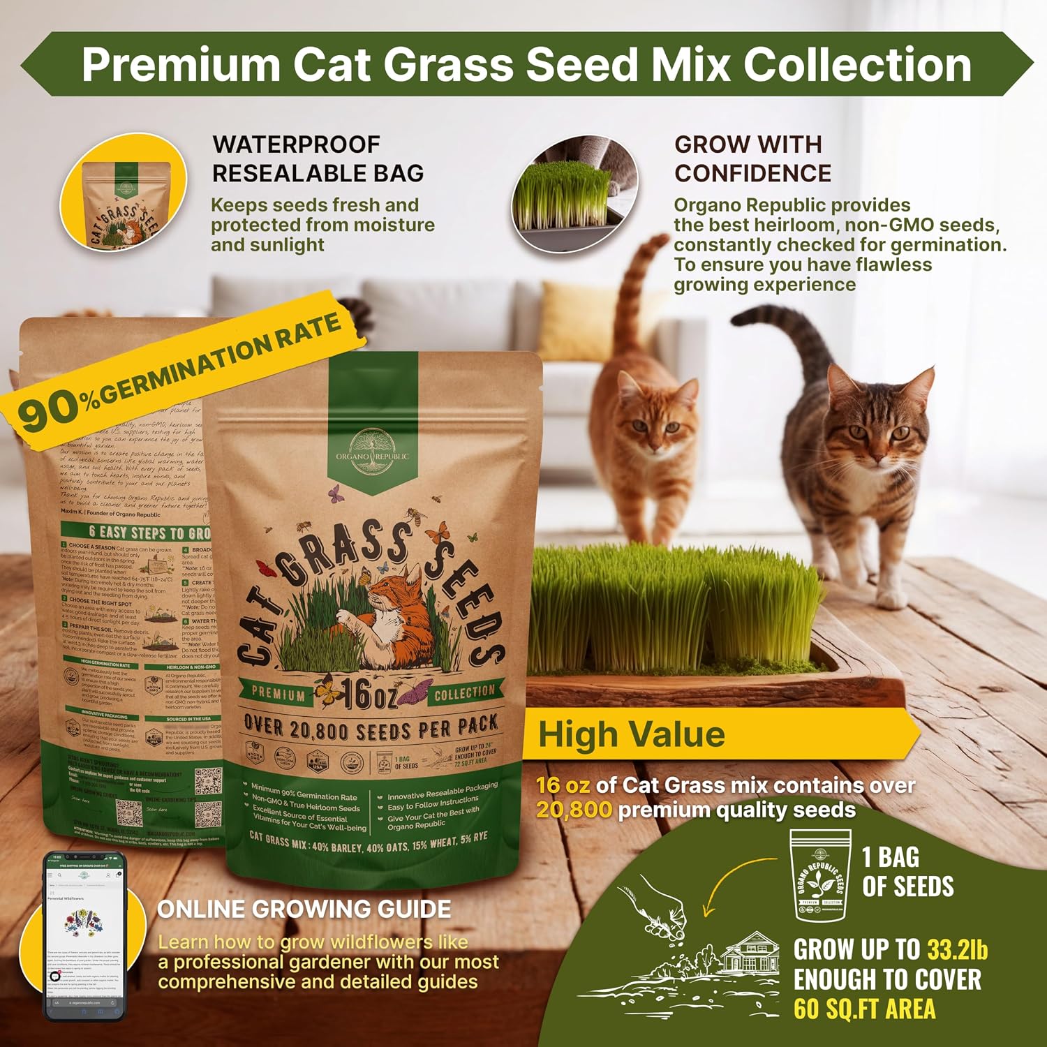 Cat Grass Seeds Mix - 20,800 Non-Gmo Heirloom Seeds For Cats & Pets, 16 Oz Pack For Growing Fresh Barley, Oat, Rye & Wheat Grass Seeds For Planting, Indoor Plants, Hairball Remedy