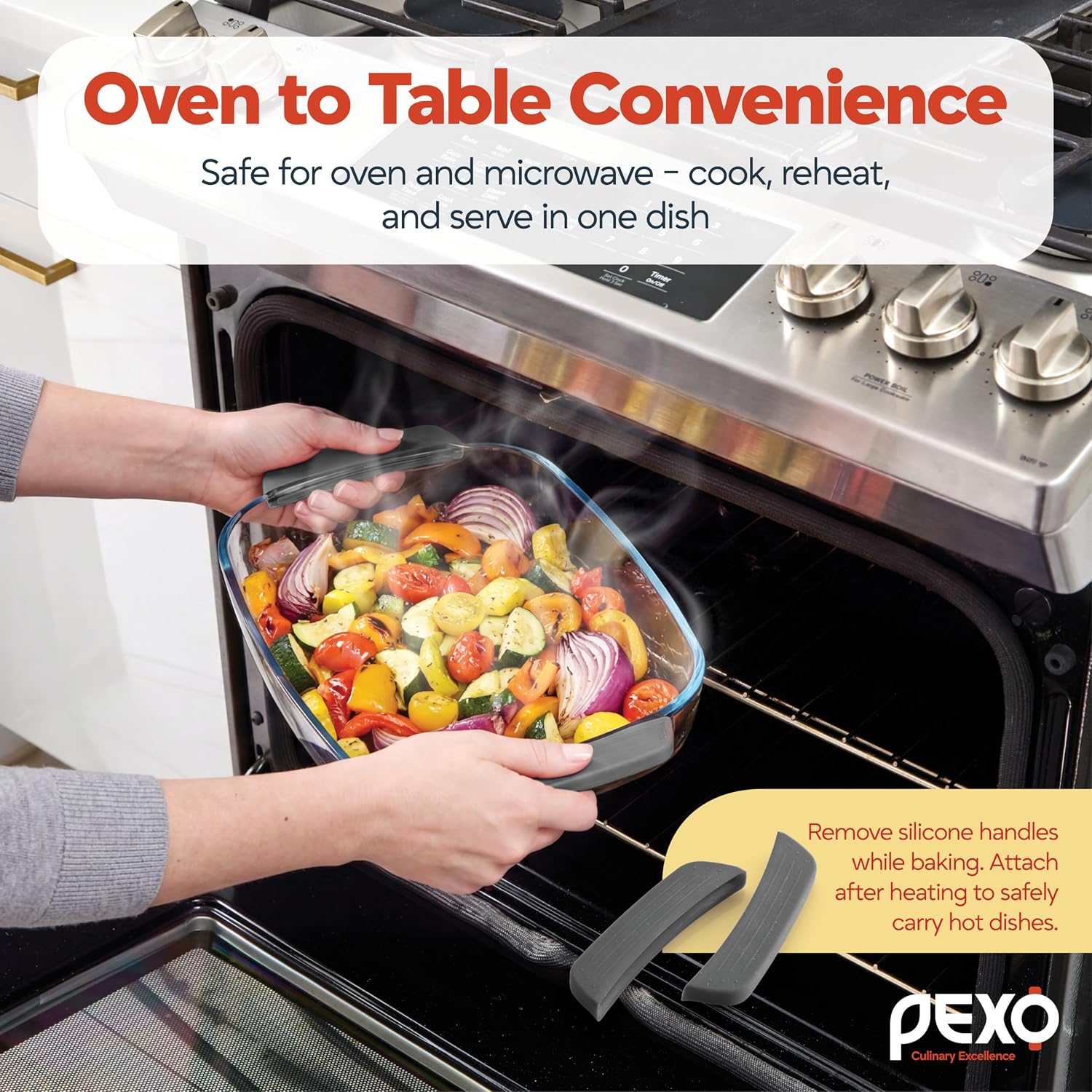 Pexo Glass Baking Dish With Lid, 9X13 Deep Lasagna Pan, Easy Grip Silicone Handles, Oven Safe Casserole Dish, Freezer, Dishwasher, And Microwave Safe (Gray)