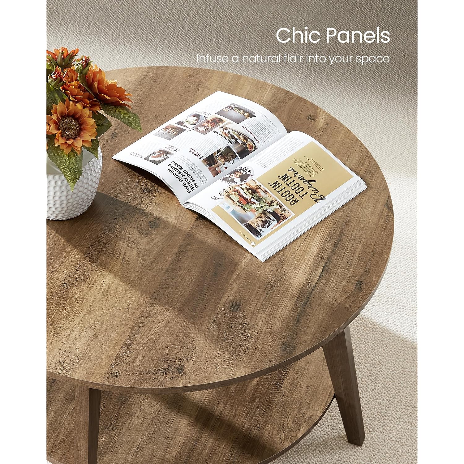 Vasagle Maezo Collection - Round Coffee Table, 2-Tier Center Table With Storage, Tapered Legs, Curved Transitions, 31.5 Dia. X 17.7 H Inches, Easy Assembly, For Living Room, Honey Brown Ulct243K41