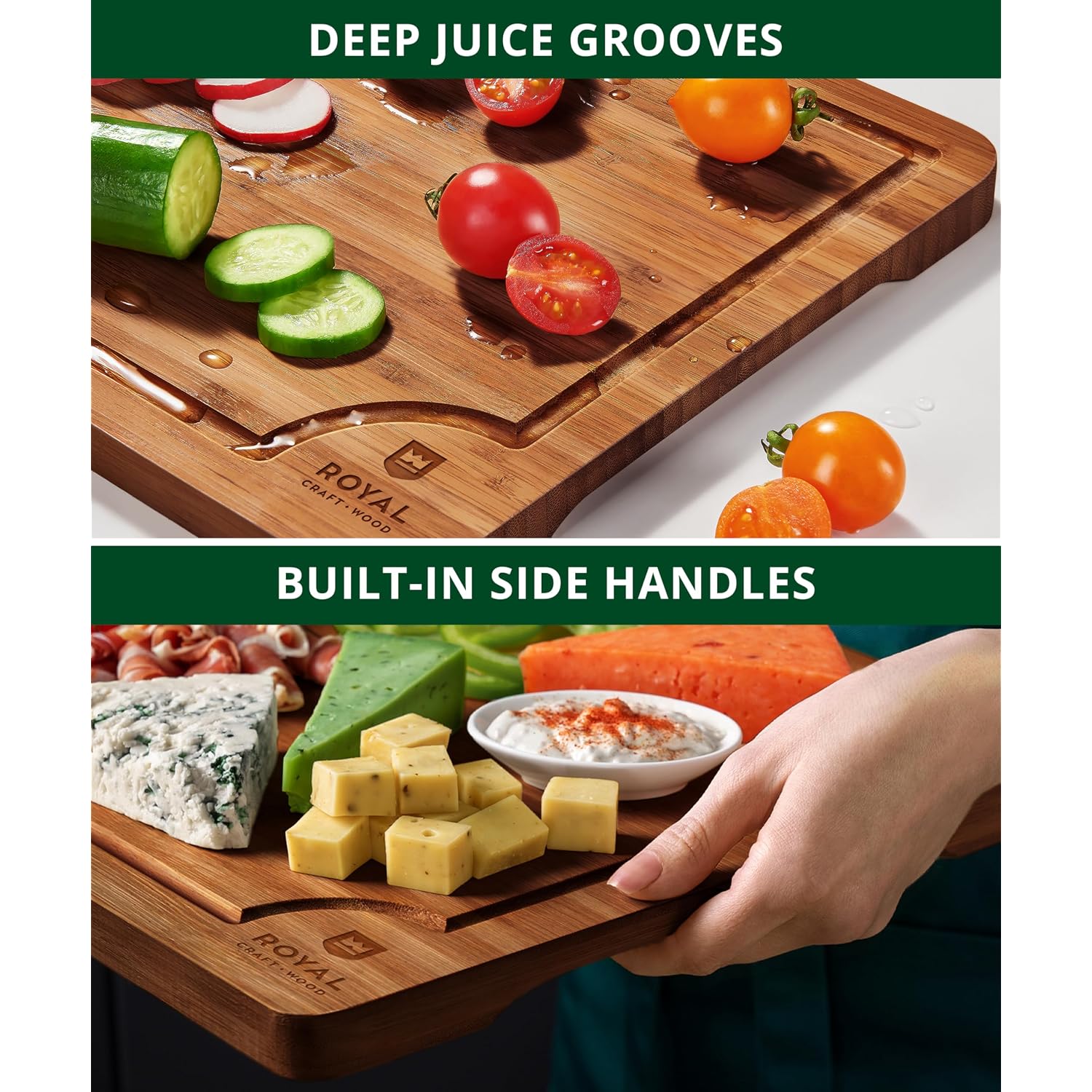 Royal Craft Wood Wooden Cutting Boards For Kitchen Meal Prep & Serving - Non Toxic Bamboo Wood Cutting Board Set With Deep Juice Groove Side Handles - Charcuterie & Chopping Butcher Block For Meat