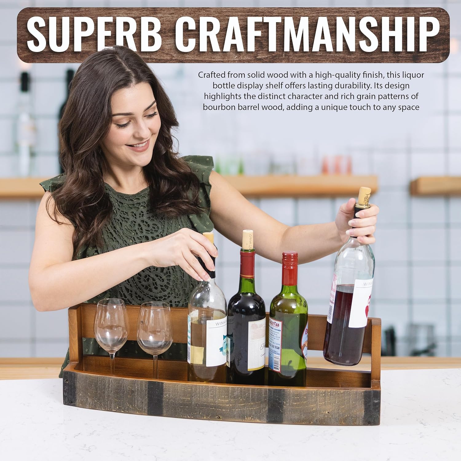 Liquor Bottle Display Shelf – Wall Bar Shelf For Whiskey, Wine & Bourbon | Rustic Wall-Mounted Wooden Whiskey Barrel Shelves, Countertop Rack, Stylish Space-Saving Small Liquor Cabinet For Enthusiasts