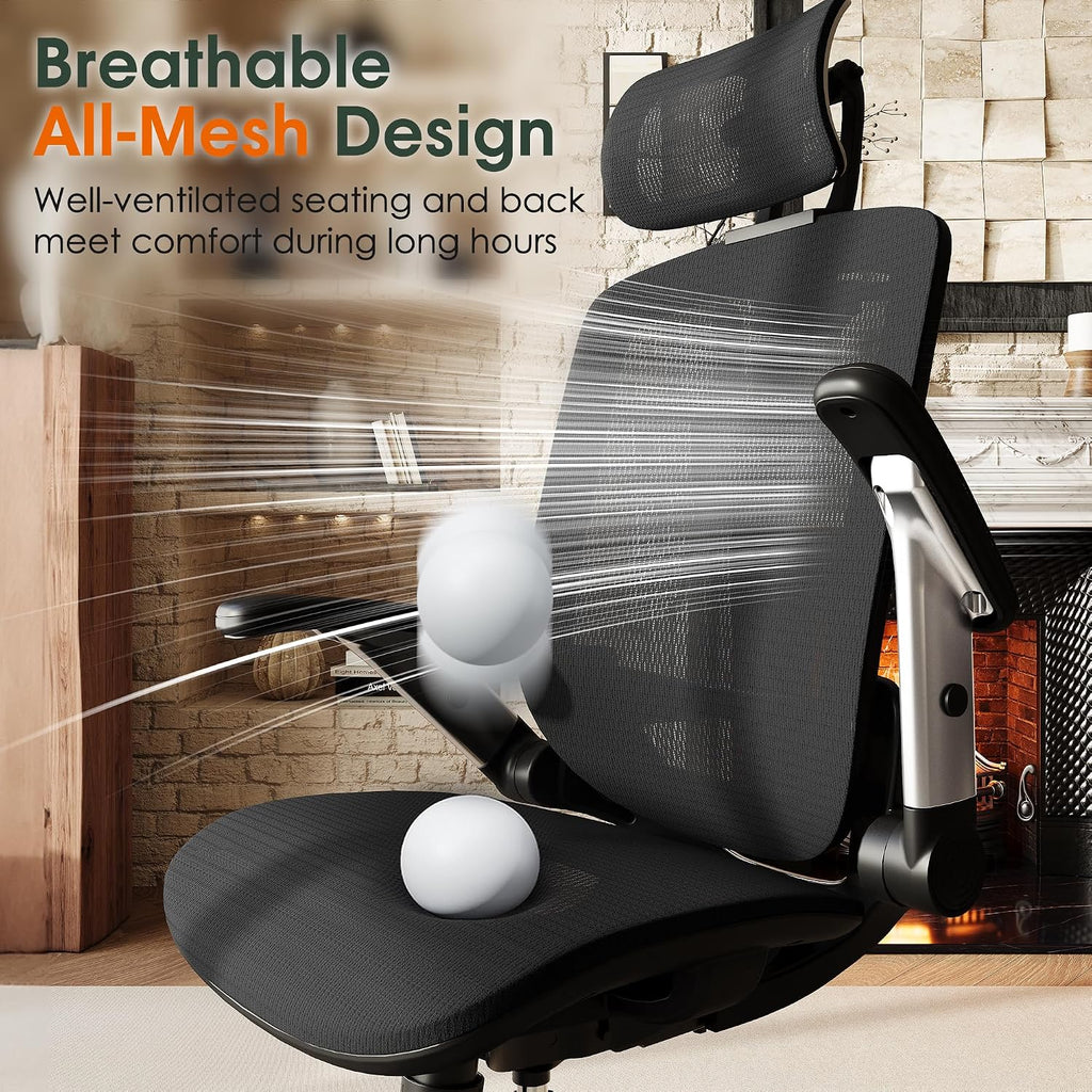 Ergonomic Office Chair, High Back Home Desk Chair With Headrest, Flip-Up Arms, 90-120° Tilt Lock And Wide Cushion, Big And Tall Mesh Chairs For Man Woman, Black Task Chair