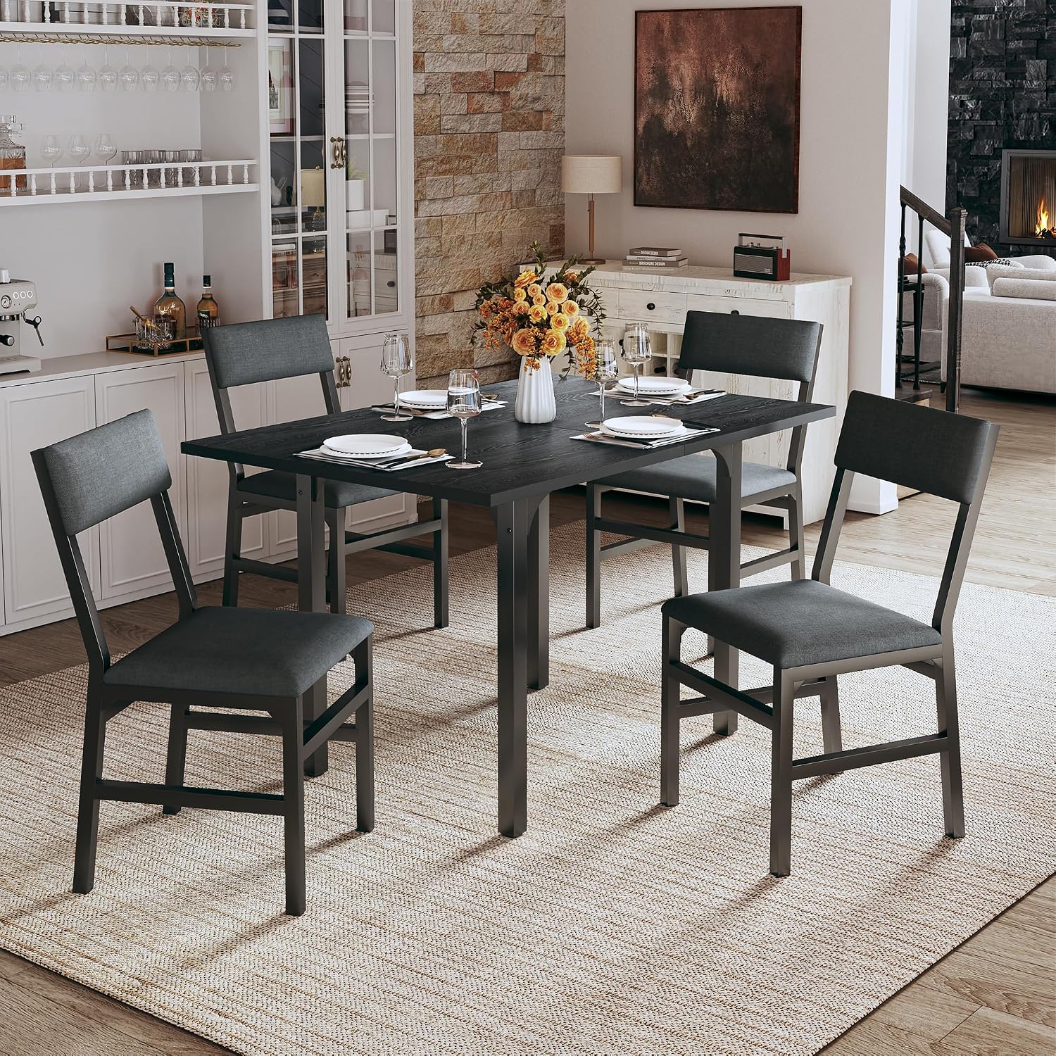 Dining Table Set For 4, Extendable Kitchen Table Cushion Chairs Set Of 4, Rectangle Dining Table With Metal Frame & Mdf Board, Folding For Small Apartment Saving Space, Black