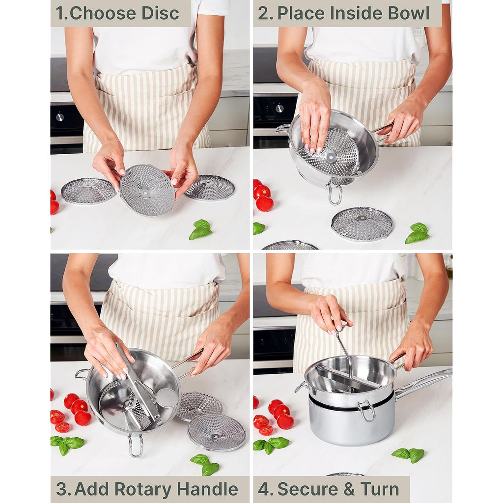 Stainless Steel Food Mill With 3 Discs – Ergonomic Rotary Hand Crank For Tomato Sauce, Applesauce, Baby Food, Mashed Potatoes, Puree & Canning