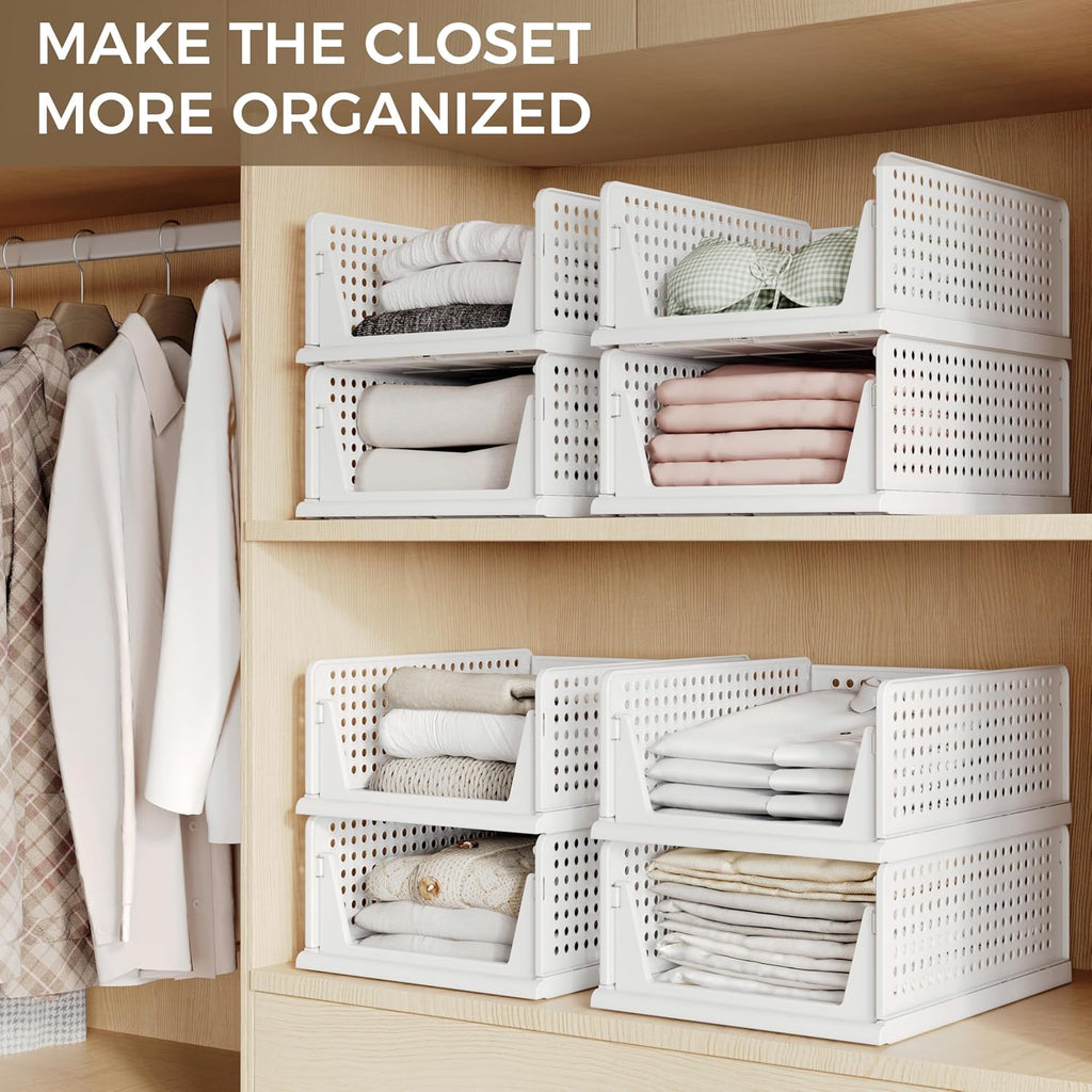 6 Pack Closet Organizers Storage Bins, Stackable Plastic Drawer Basket For Clothing, Stackable Storage Bins Shelf Storage Container For Closet Wardrobe Bedroom Bathroom Office White