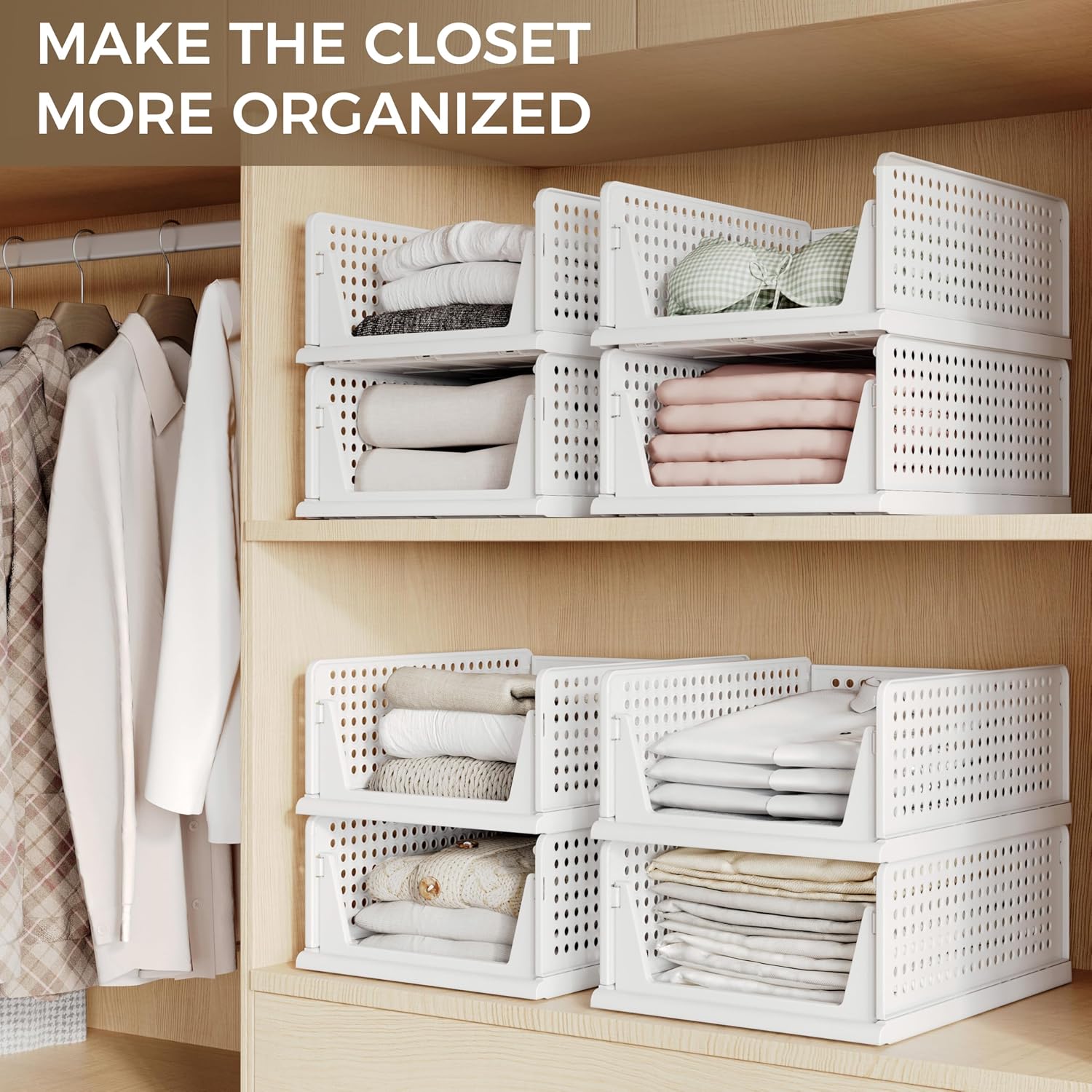 6 Pack Closet Organizers Storage Bins, Stackable Plastic Drawer Basket For Clothing, Stackable Storage Bins Shelf Storage Container For Closet Wardrobe Bedroom Bathroom Office White