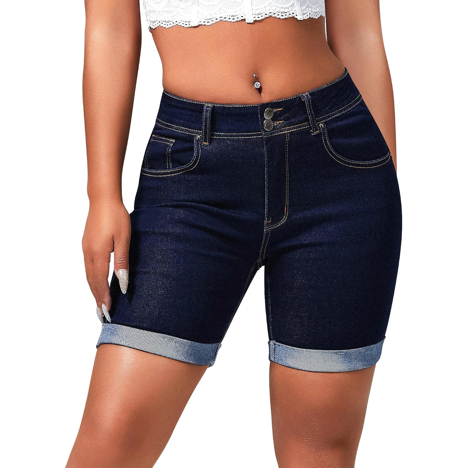 Women's Mid Rise Skinny Butt Lifting Stretchy Bermuda Jeans Shorts