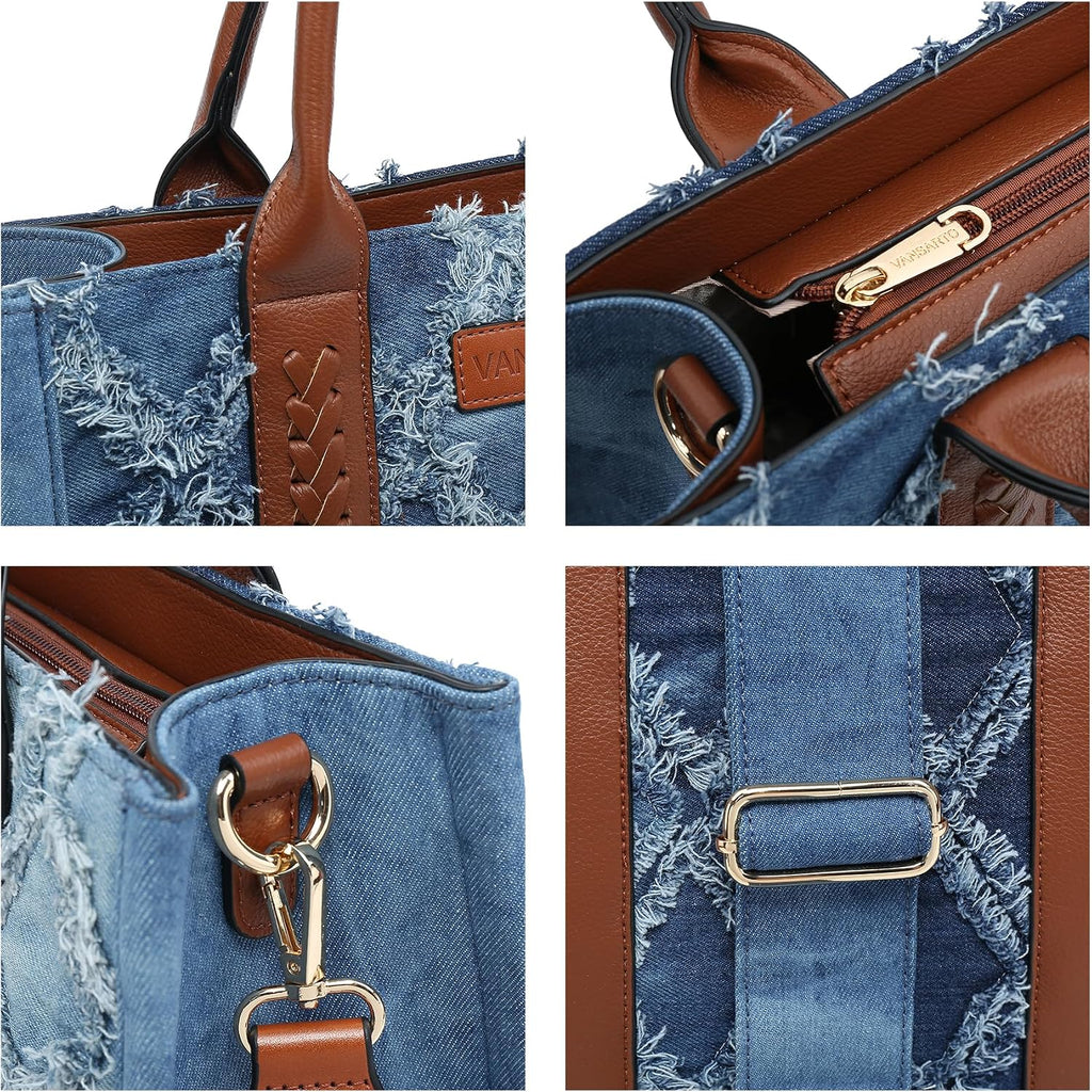 Denim Tote Bag For Women Top Handle Satchel Purse Boho Shoulder Handbags With Wristlet