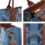 Denim Tote Bag For Women Top Handle Satchel Purse Boho Shoulder Handbags With Wristlet