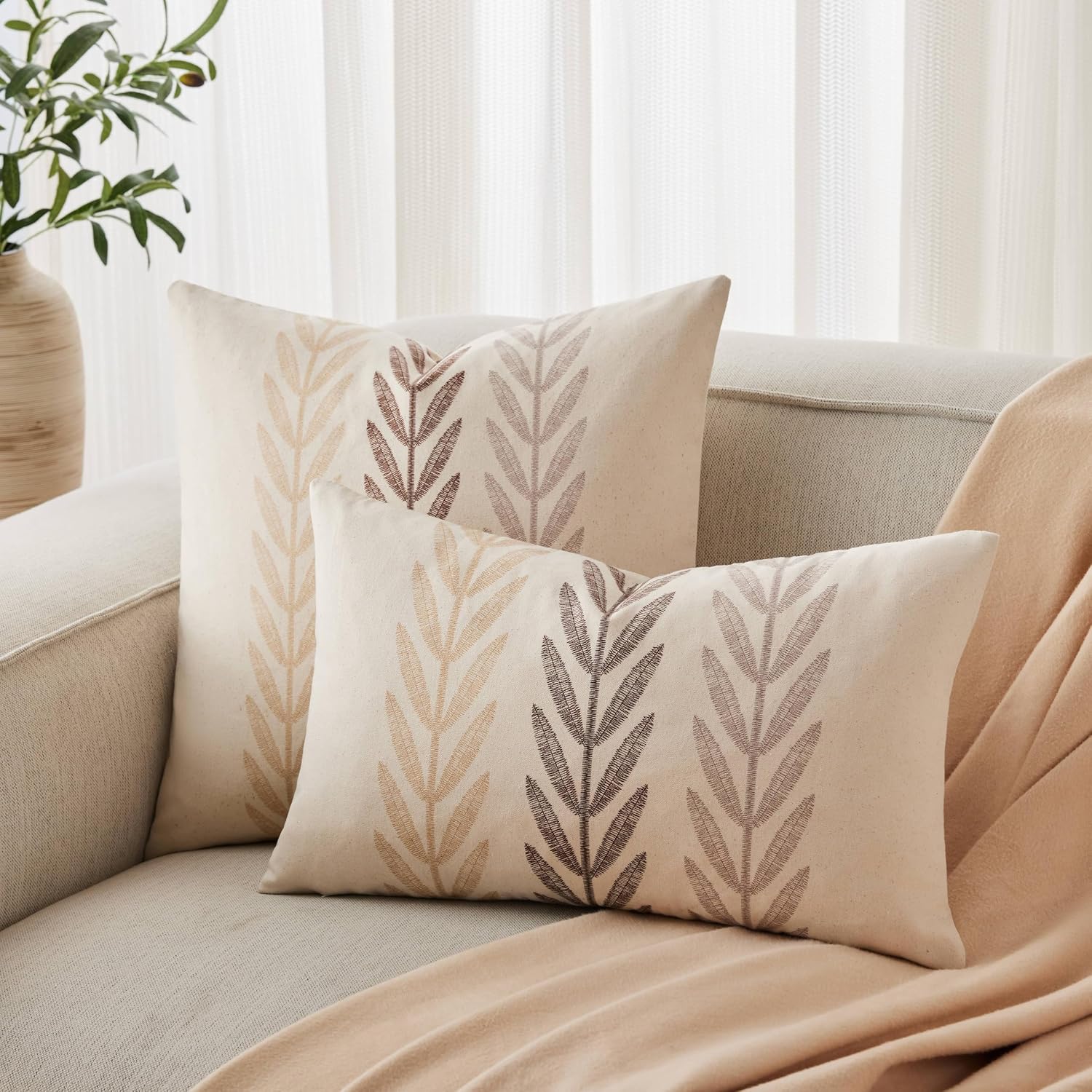 100% Cotton Farmhouse Leaves Throw Pillow Covers Set Of 2, 18X18 Inch Mixed Beige Pastoral Decorative Print Cushion Covers For Sofa Bed Living Room Home Decor