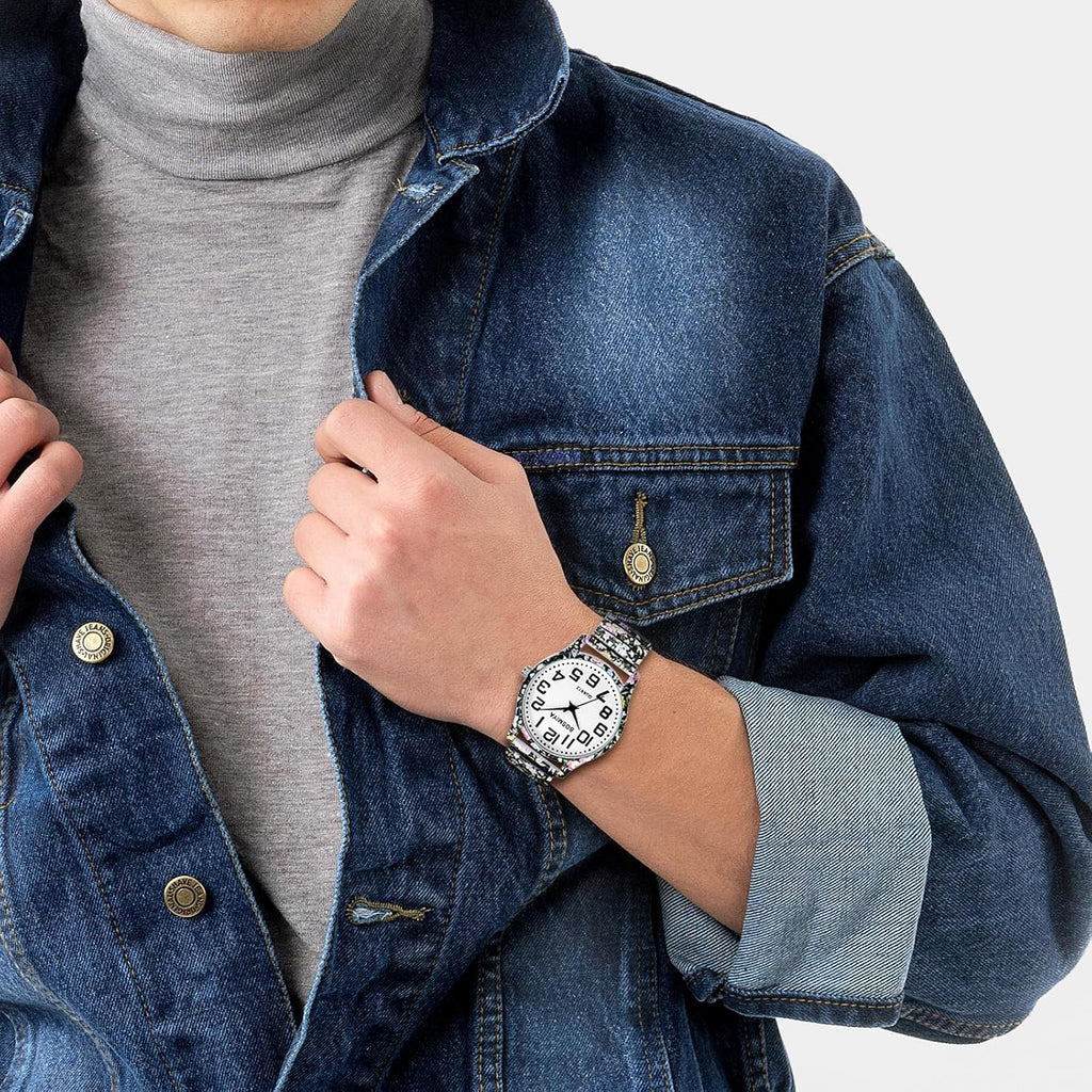 OIDEA Stretch Band Watches for Women: Bohemia Easy Reader Elastic Watch Large Face Big Number Analog Quartz Bracelet Watch Expansion Band Wristwatch