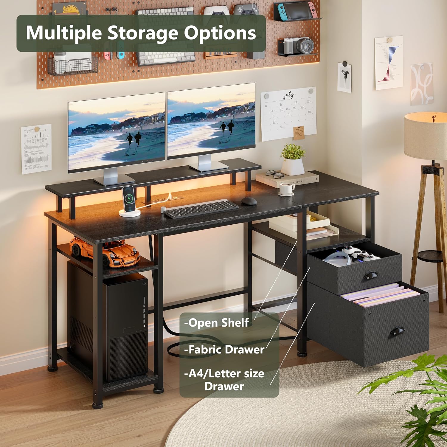 Furologee 51" Gaming Desk With Power Outlets & Led Lights, Reversible Computer Desk With File Cabinet & Monitor Stand For Home Office, Large Work Table With Storage Shelves & Drawer, Black