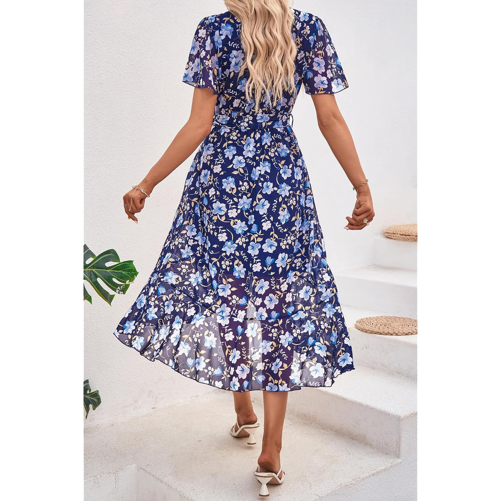 Prettygarden Women'S Summer Floral Boho Maxi Dress Short Sleeve Wrap V Neck Ruffle Long Flowy Beach Wedding Guest Dresses