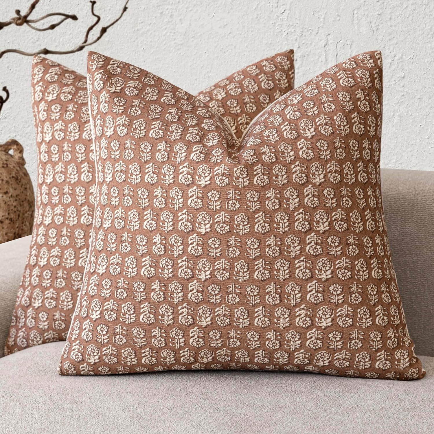 Foindtower Set Of 2 Decorative Neutral Floral Print Throw Pillow Covers Vintage Farmhouse Cushion Covers Boho Home Decor For Sofa Chair Couch Bedroom Living Room,18×18 Inch,Light Orange Brown