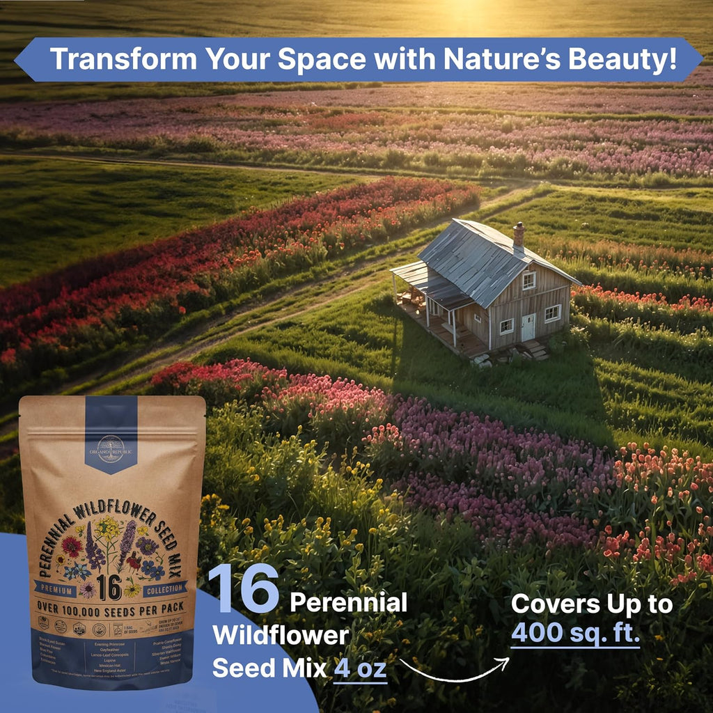 16 Perennial Wildflower Seeds Mix For Indoor & Outdoors. 100,000+ Non-Gmo, Heirloom Wildflower Garden Seeds, 4Oz Packet For Growing Wild Flowers To Attract Bees, Butterflies & Birds