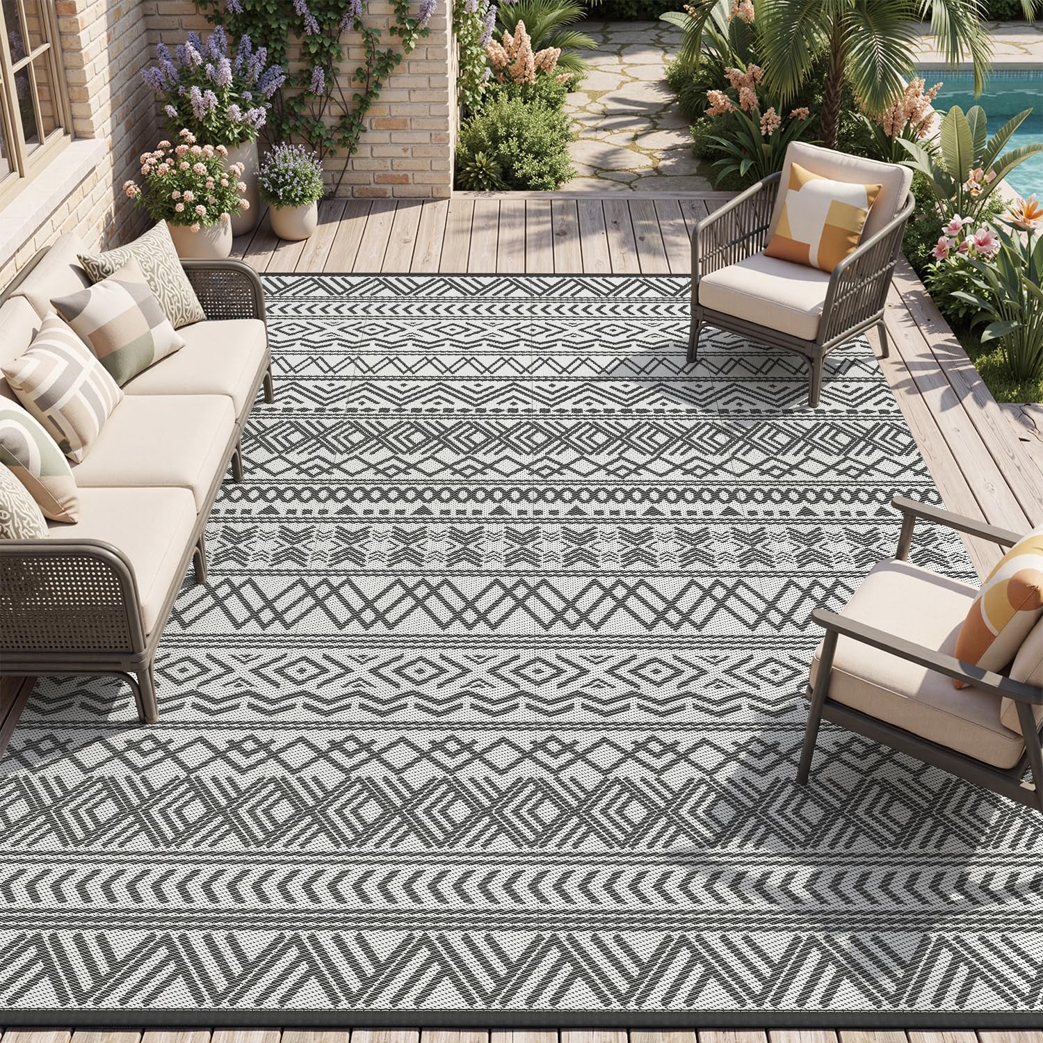 Montvoo Outdoor Rug Carpet Waterproof 5X8 Outdoor Patio Rug Mat Reverisble Plastic Straw Outdoor Rug For Rv Camping Picnic Beach Balcony Boho Grey