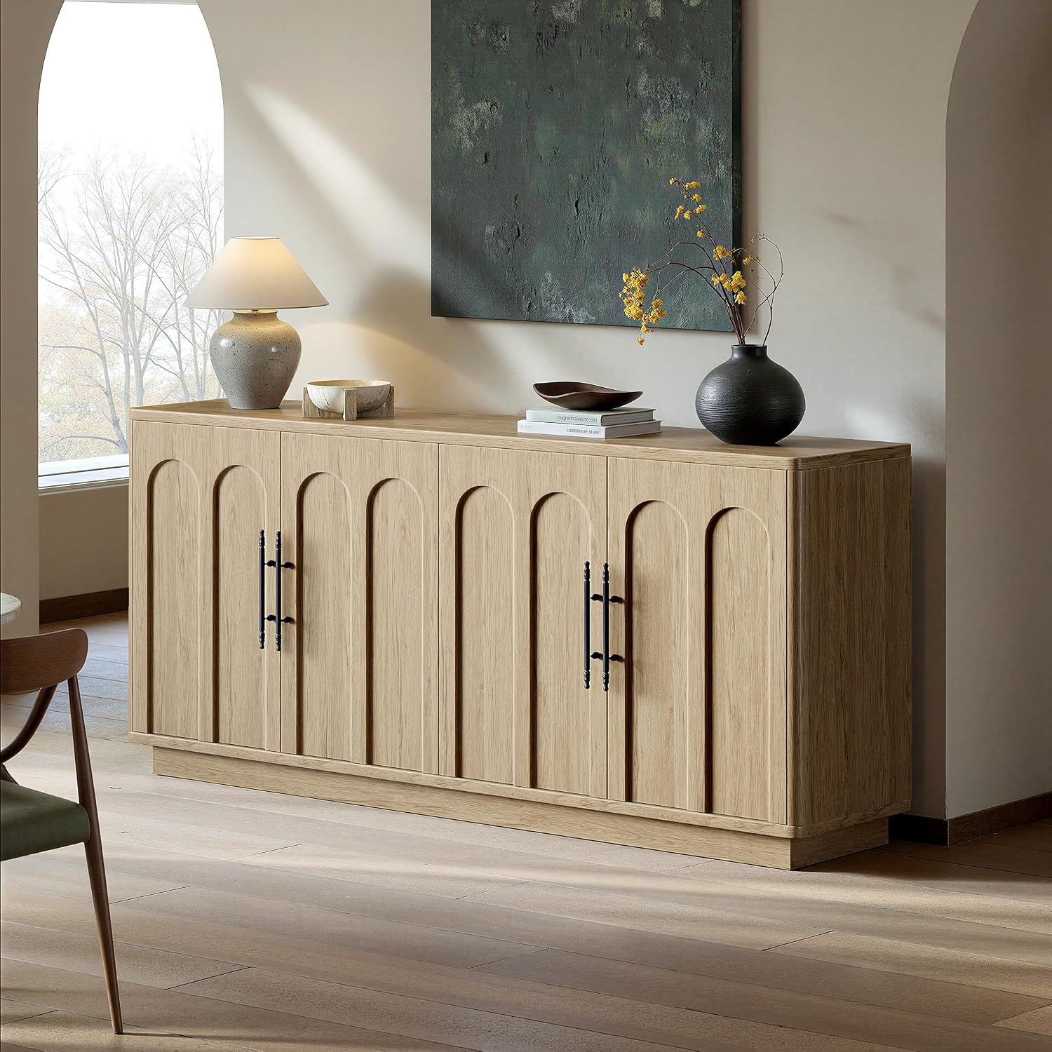 Evermagin 67" Arched Oak Buffet Cabinet With Storage, Large Credenza With 4 Doors, Wood Mid Century Modern Sideboard For Kitchen And Living Room (67"*31.5"*15.7")