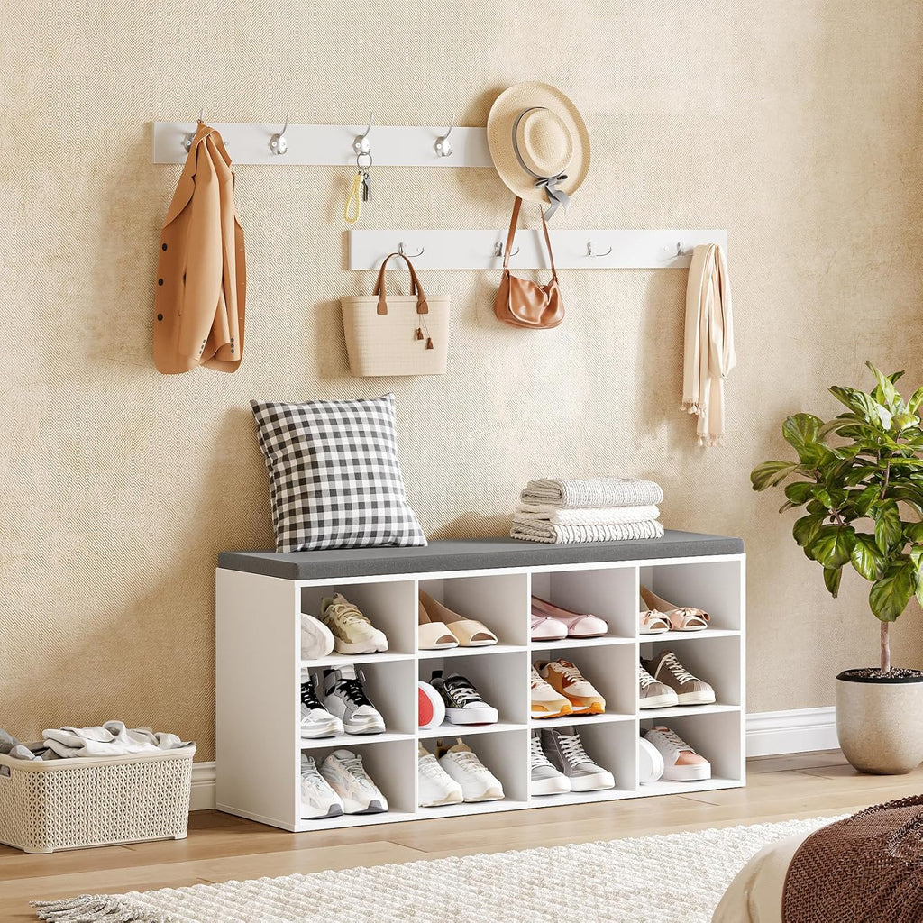 HOOBRO Shoe Storage Bench with Cushion, 39.4" L Entryway Bench with 12 Cubbies, Entryway Hall Tree with Storage, Cubby Shoe Rack Bench with Coat Rack for Hallway, Holds up to 330 lb, White WT112HX01