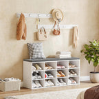 HOOBRO Shoe Storage Bench with Cushion, 39.4" L Entryway Bench with 12 Cubbies, Entryway Hall Tree with Storage, Cubby Shoe Rack Bench with Coat Rack for Hallway, Holds up to 330 lb, White WT112HX01