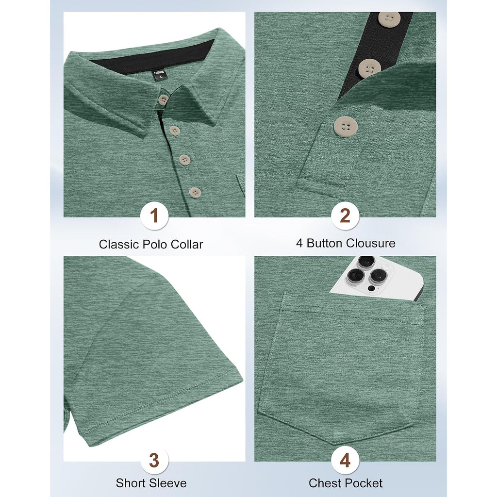 Mens Short Sleeve Polo Shirts Collared Business Casual Polo T Shirts With Pocket