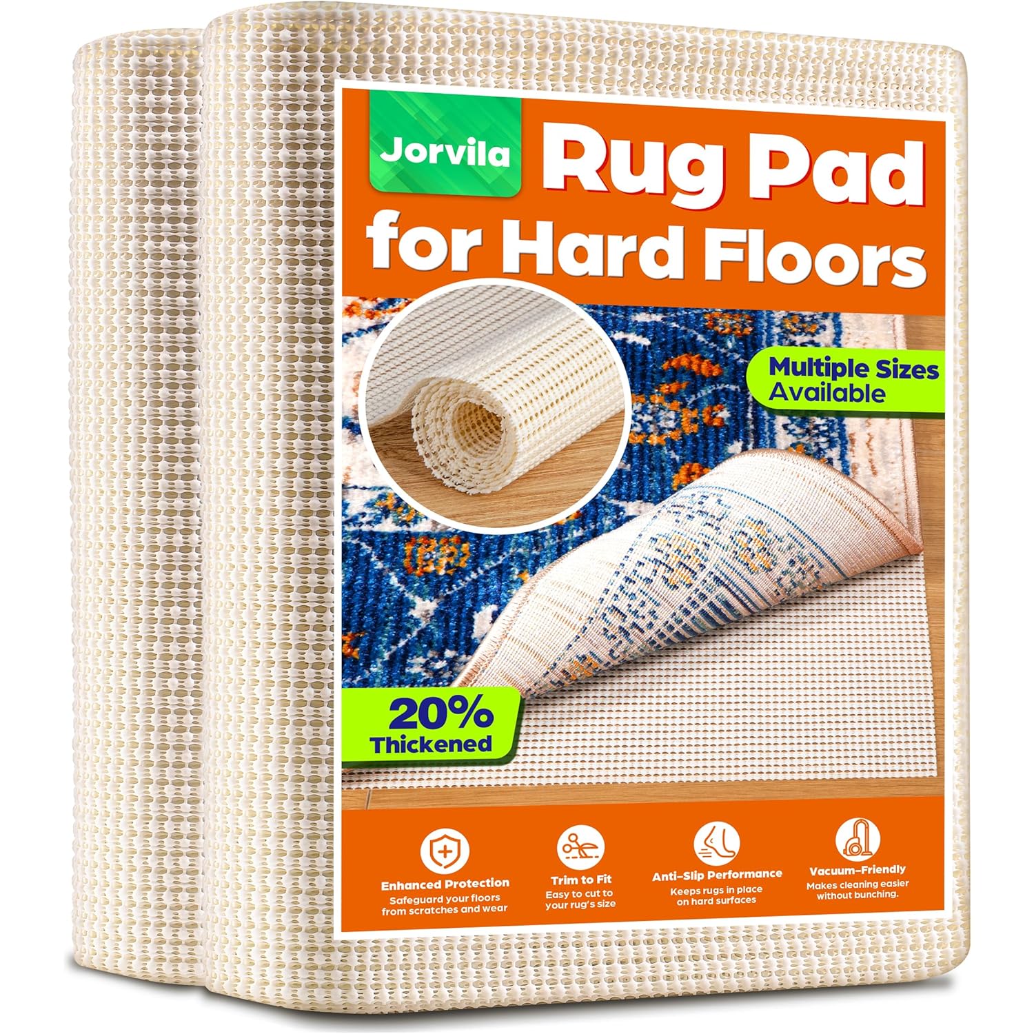 Jorvila Non-Slip Rug Pad Gripper 8x10 Feet, Anti Skid Mat for Under Area Rugs, Keeps Rugs in Position and Safe, Thick Cushioned Carpet Pad for Hardwood Floors Protection