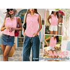 Women Cotton Gingham Button Down Shirts Slim Fit Sleeveless Blouses Plaid Tops Summer Clothes Fashion Outfits