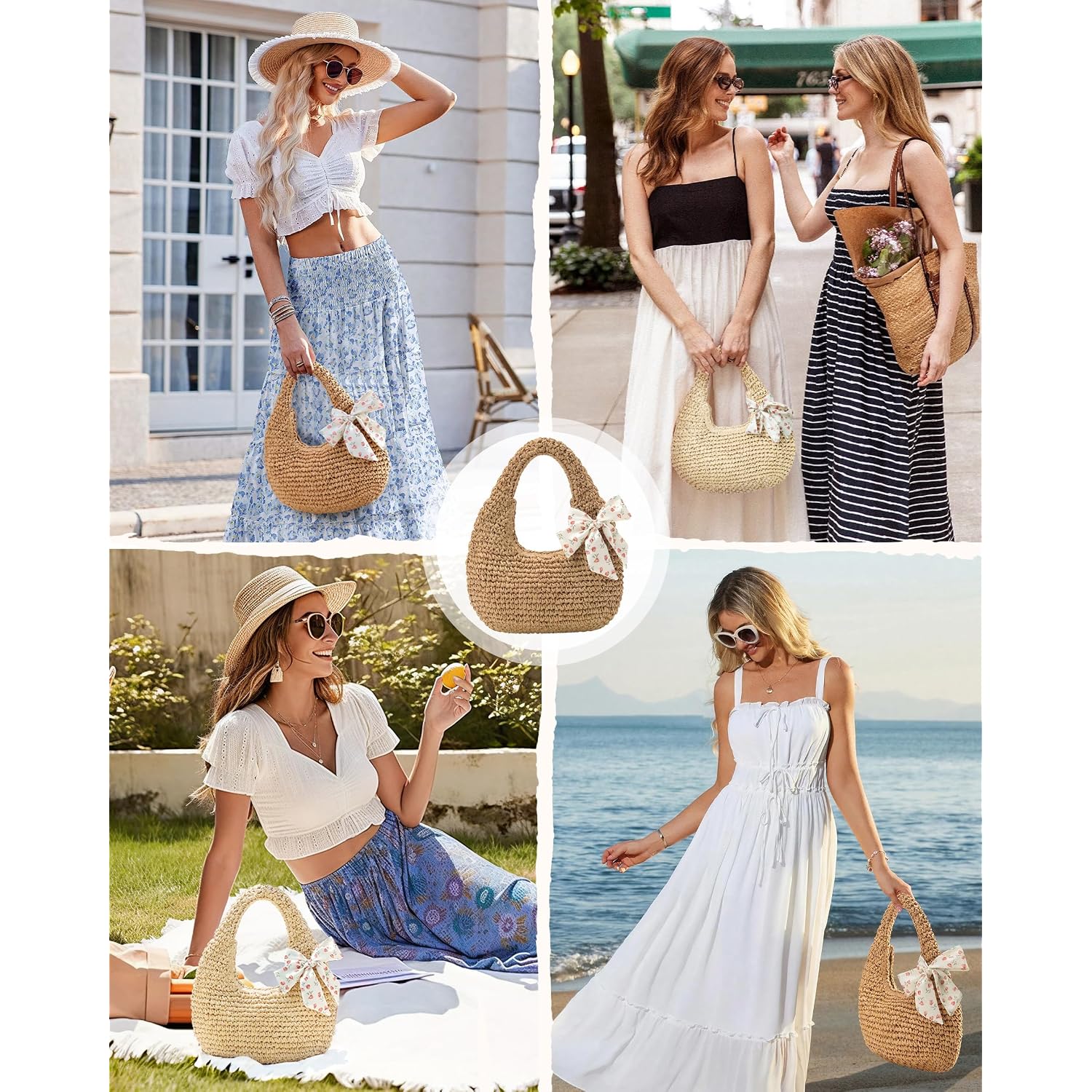 Fauson Beach Bags For Women - Handmade Straw Clutch Purses For Women Handbag Zip Closure Tote Bag Lightweight