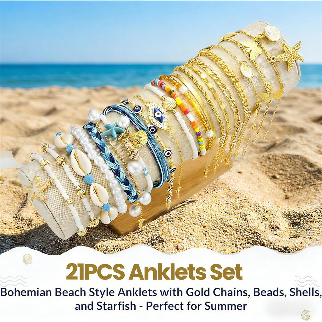 17KM 21PCS Gold Ankle Bracelets for Women, Boho Shell Bead Cuban Link Chain Waterproof Gold Anklets Set, Adjustable Layered Anklets for Women Beach Jewelry Gift