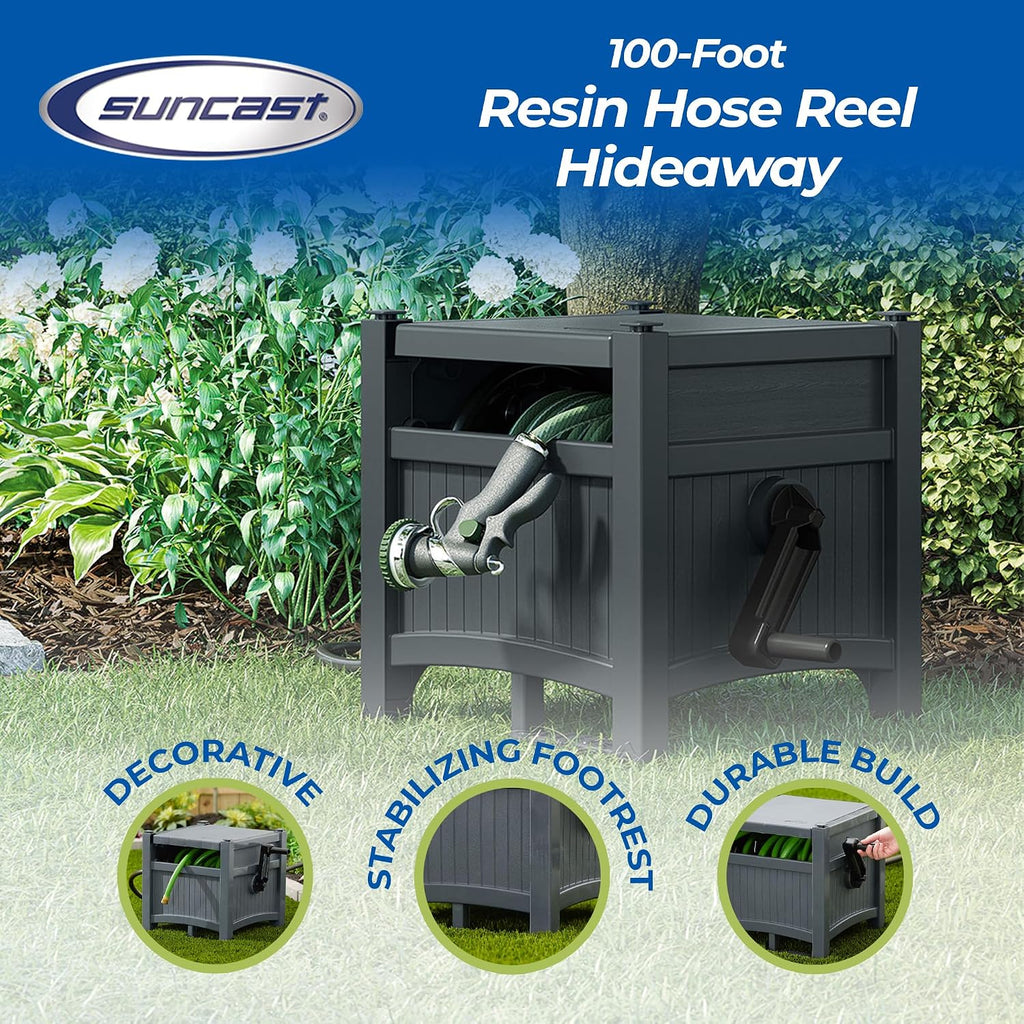 Suncast Garden Hose Hideaway Storage Reel Box, Cyberspace Grey – Resin Outdoor Container, Holds Up To 100 Feet Of 5/8 Inch Standard Vinyl Water Line – No Assembly Required