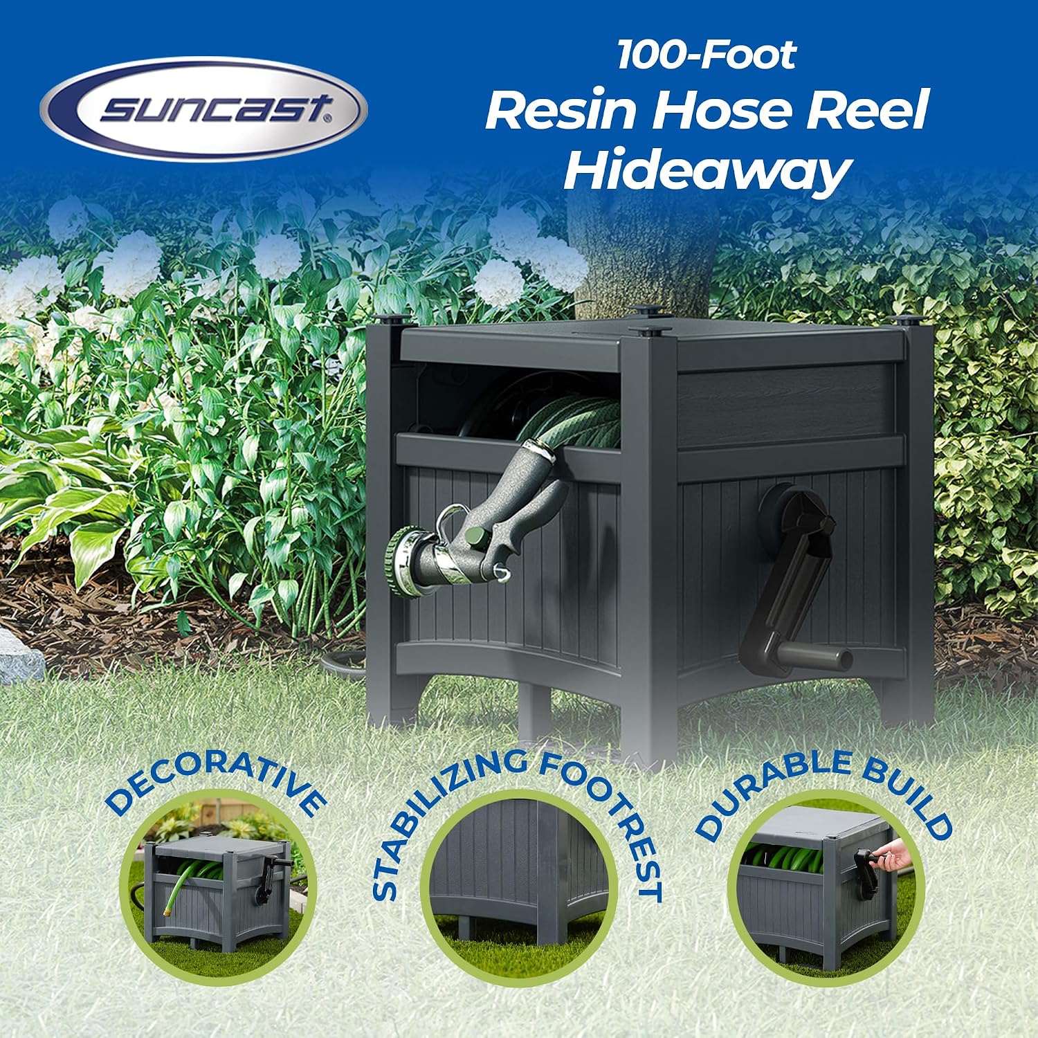 Suncast Garden Hose Hideaway Storage Reel Box, Cyberspace Grey – Resin Outdoor Container, Holds Up To 100 Feet Of 5/8 Inch Standard Vinyl Water Line – No Assembly Required