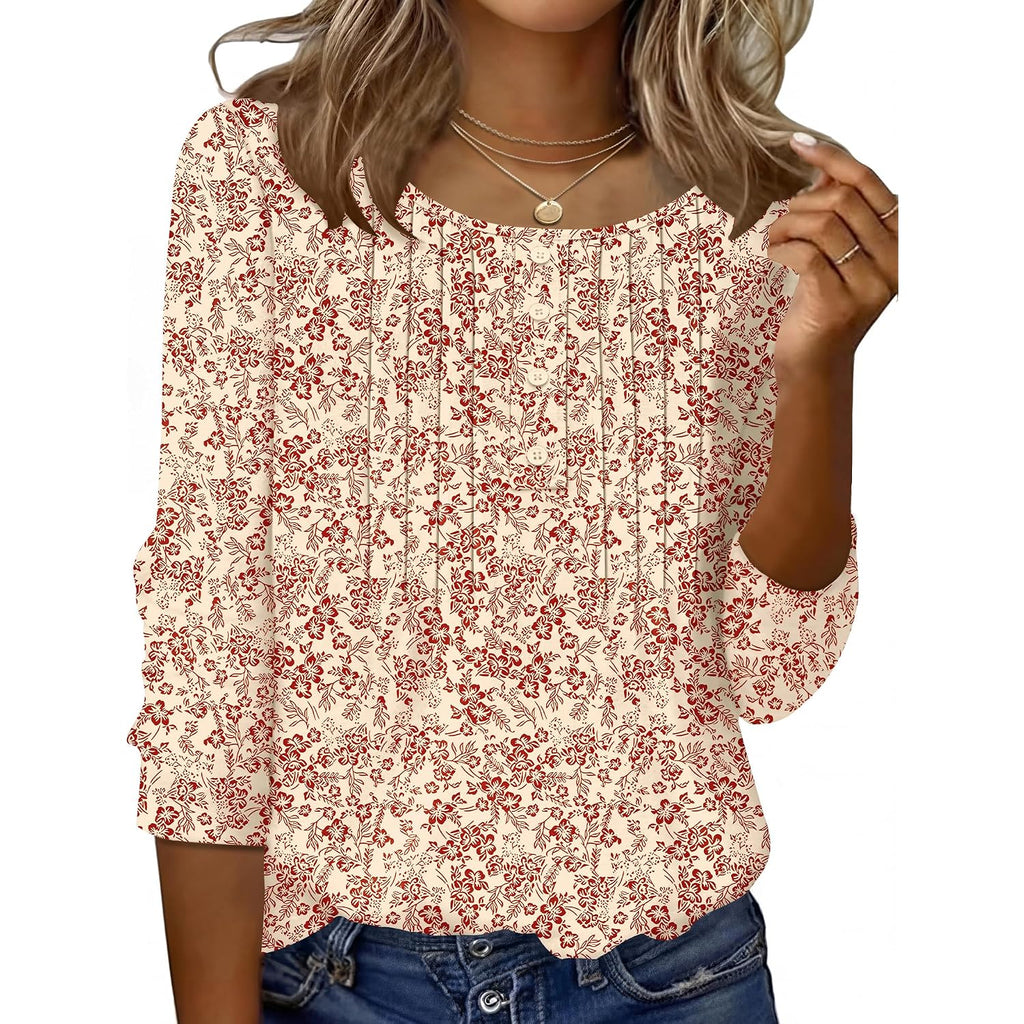 Ivicoer Women'S 3/4 Length Sleeve Tops Crewneck Button Pleated Dressy Casual Blouses